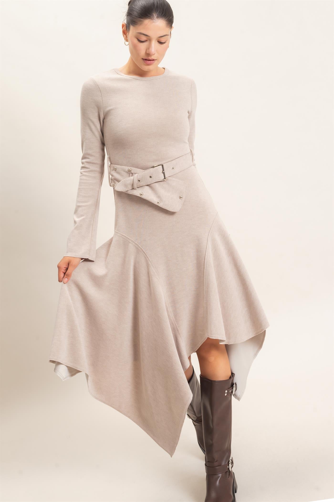 Wholesale Asymmetrical Knit Dress Dresses HF26E992 BEIGE HYFVE