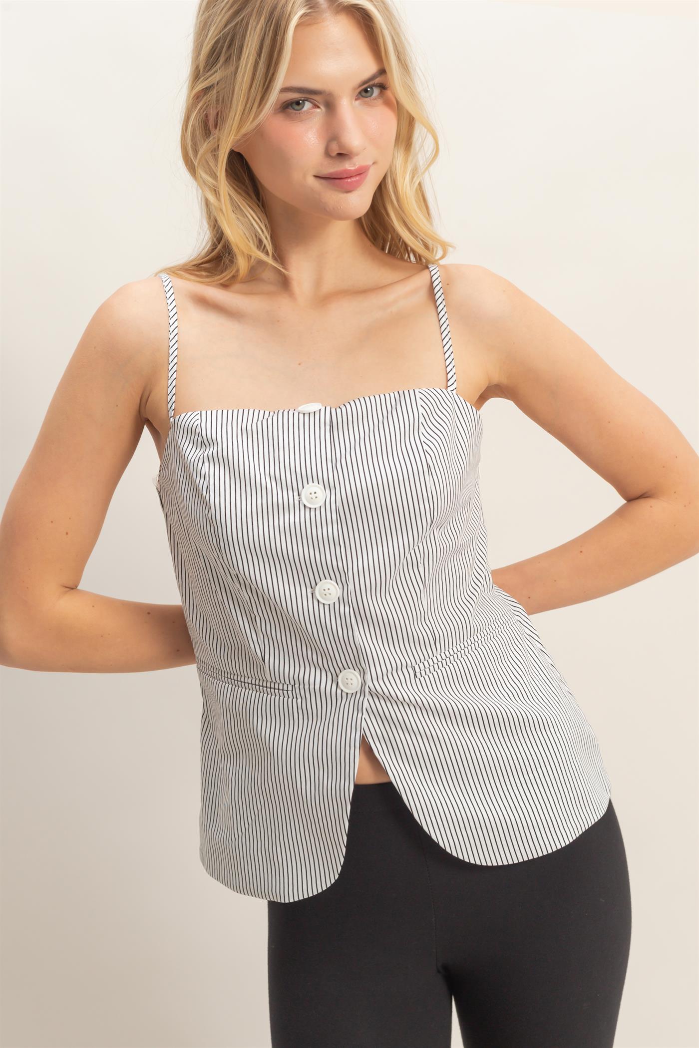 Wholesale Pinstripe Button Front Camisole Tank Tops HF25E715 WHITE HYFVE