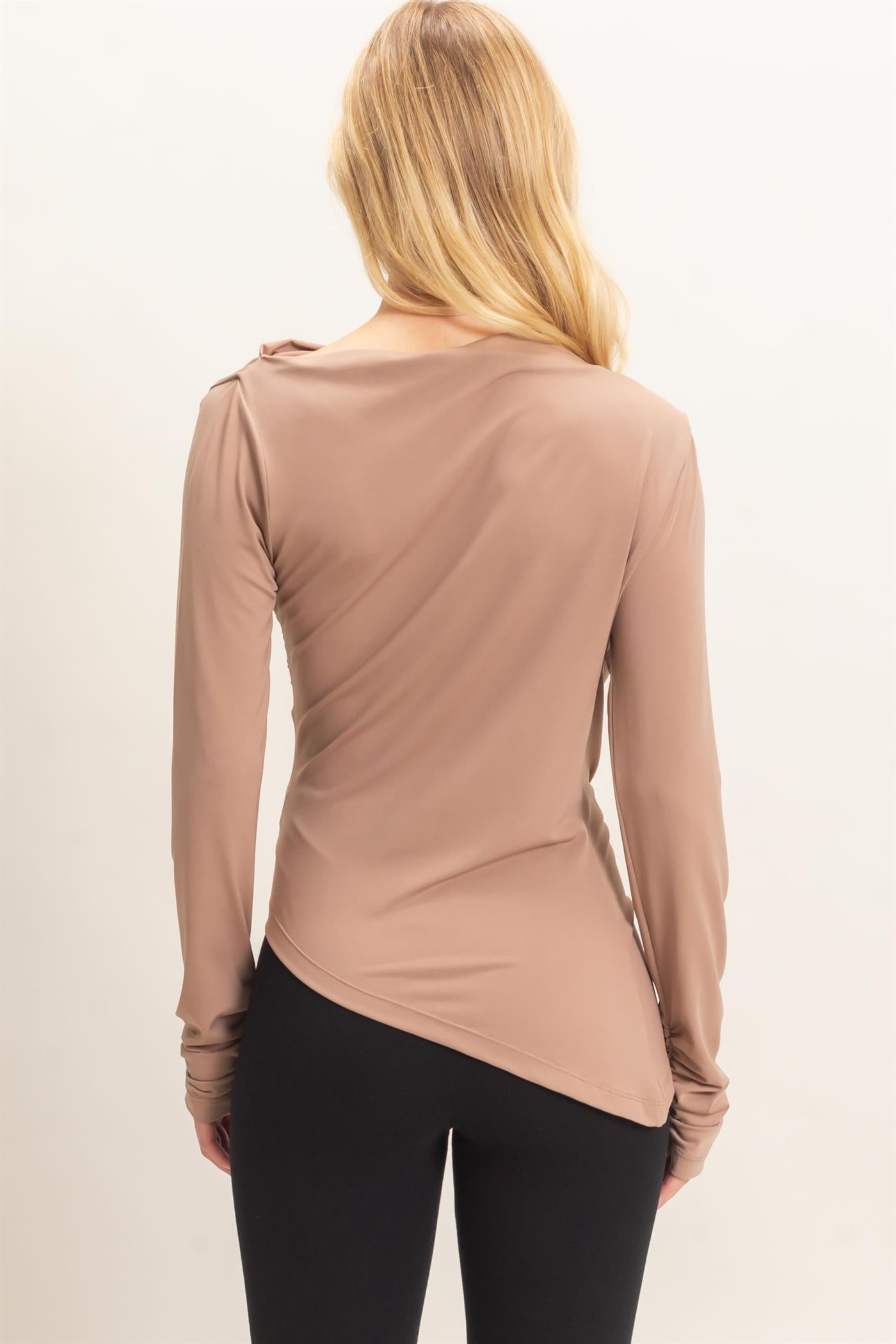 Wholesale Asymmetrical Ruched Long Sleeve Top Clothing Tops HF26C683 DARK TAUPE HYFVE