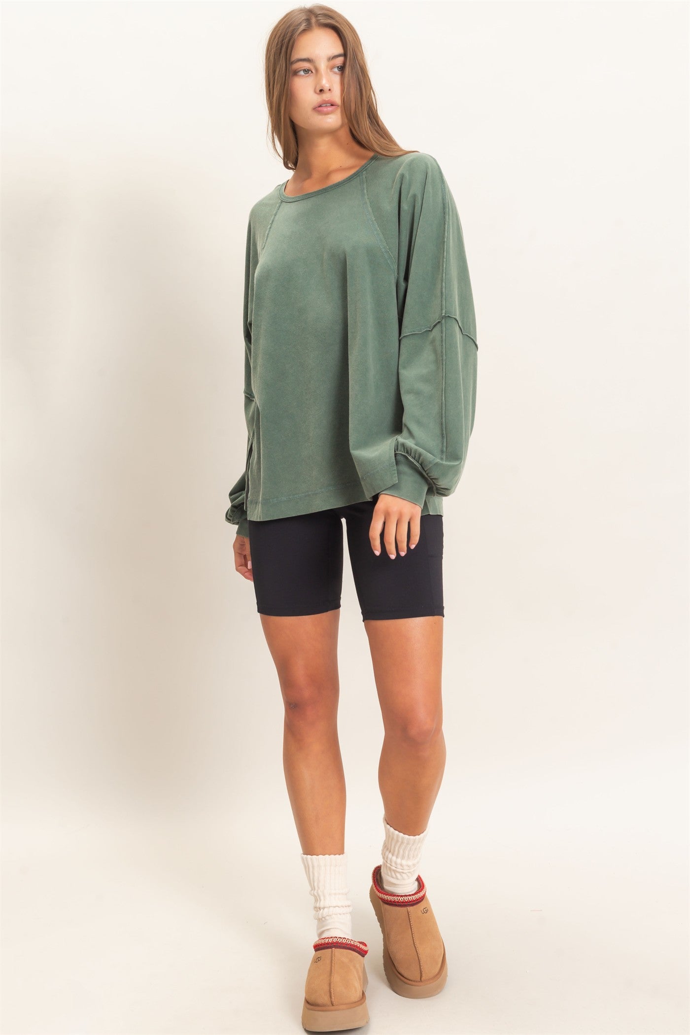 Wholesale Raglan Sleeve Snow Wash Top Shirts DZ26E945 DARK GREEN DOUBLE ZERO
