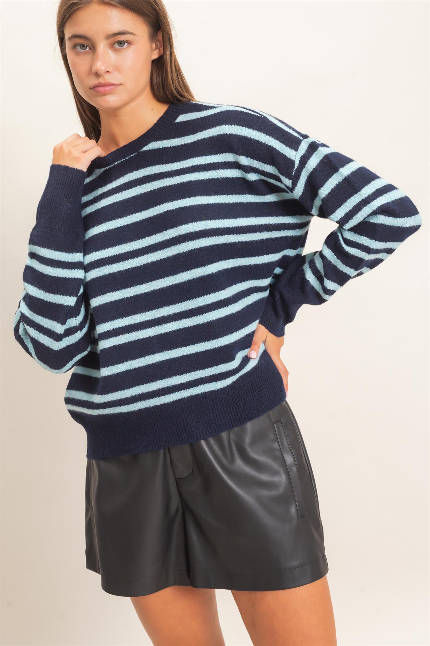 Wholesale Striped Crew Neck Sweater Sweaters DZ26E389 NAVY DOUBLE ZERO
