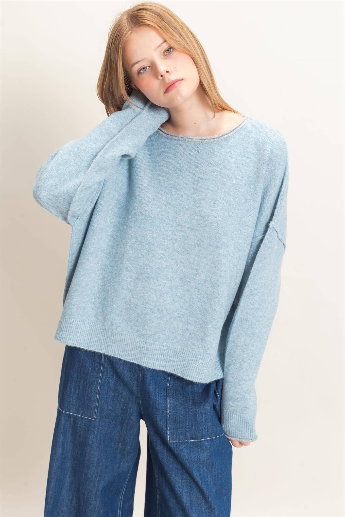 Wholesale Relaxed Wide Neck Knit Sweater Sweaters HF26E066-D LIGHT BLUE HYFVE