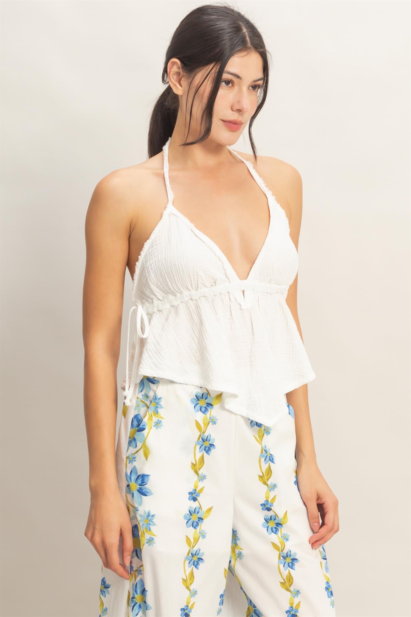 Wholesale Textured Halter Tie Waist Top Clothing Tops HF26C027 OFF WHITE HYFVE