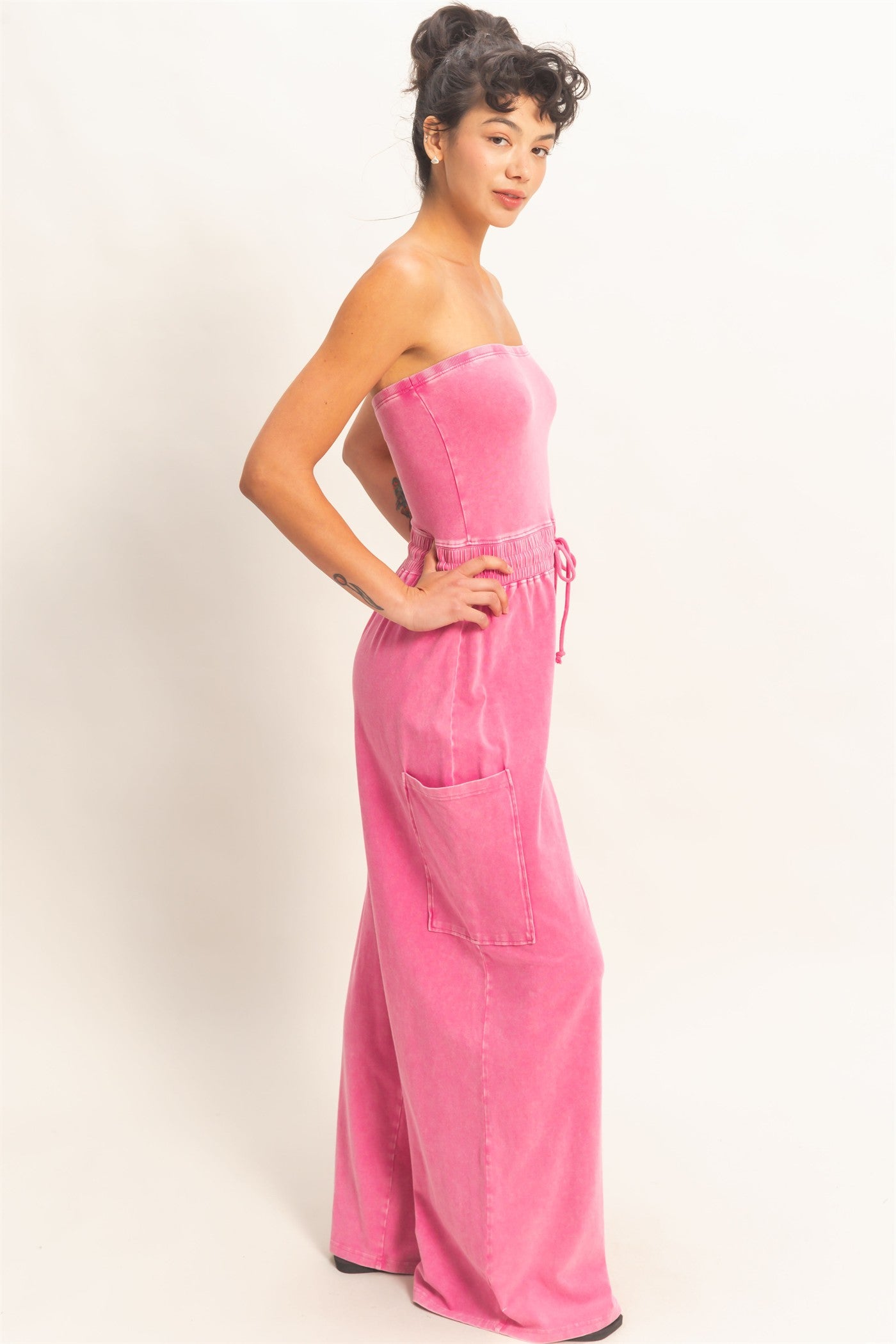 Wholesale Mineral Wash Strapless Wide-Leg Jumpsuit Clothing DZ26C376 FUCHSIA DOUBLE ZERO