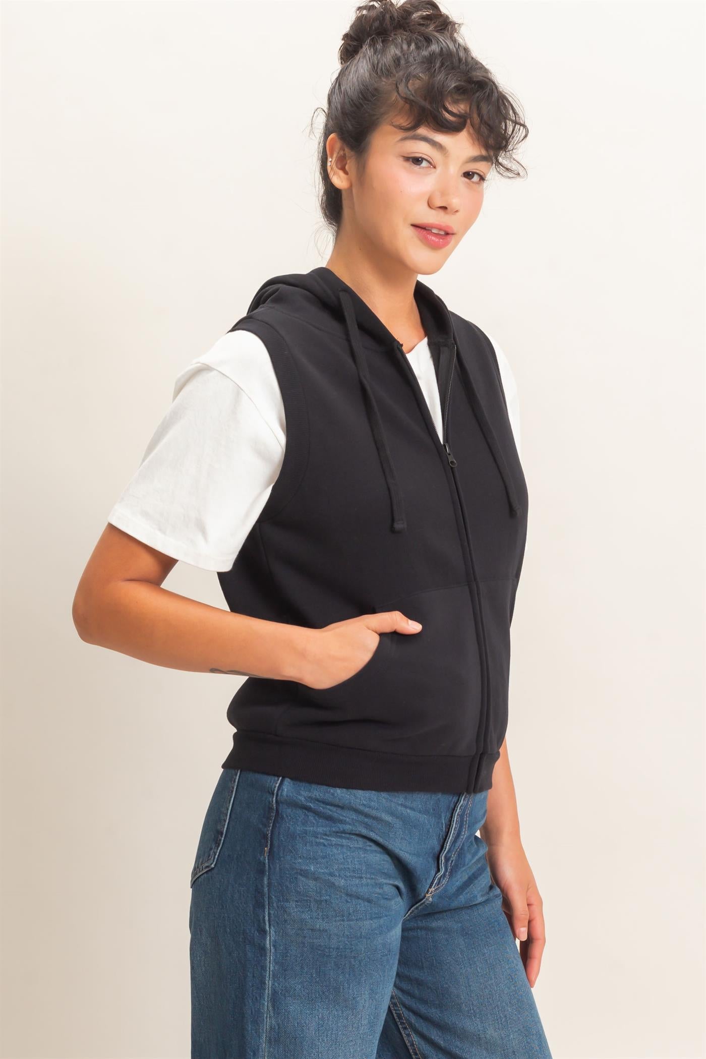 Wholesale Sleeveless Zip Up Hoodie Hoodies DZ26E330 BLACK DOUBLE ZERO