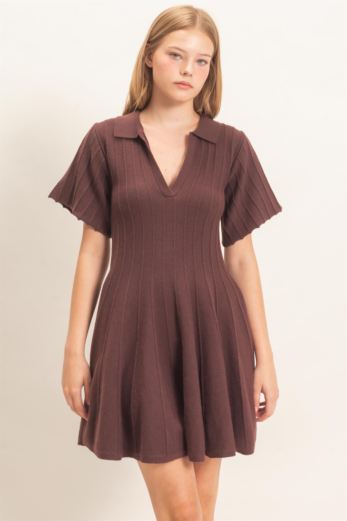 Wholesale Ribbed Knit Collared Dress Dresses HF26E365 CHESTNUT HYFVE