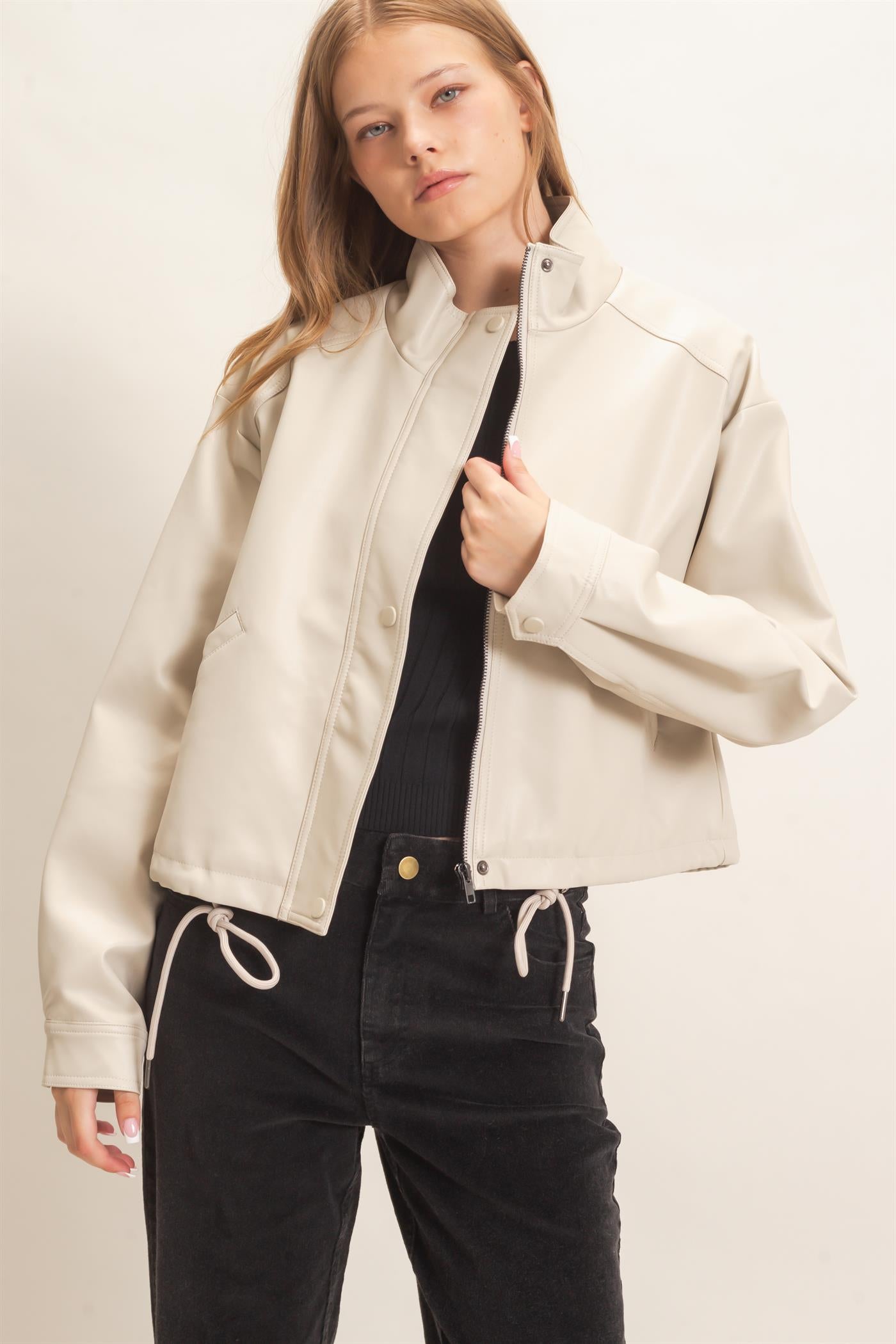 Wholesale Faux Leather Jacket With Stand Collar Bomber Jackets HF25F452 OATMEAL HYFVE