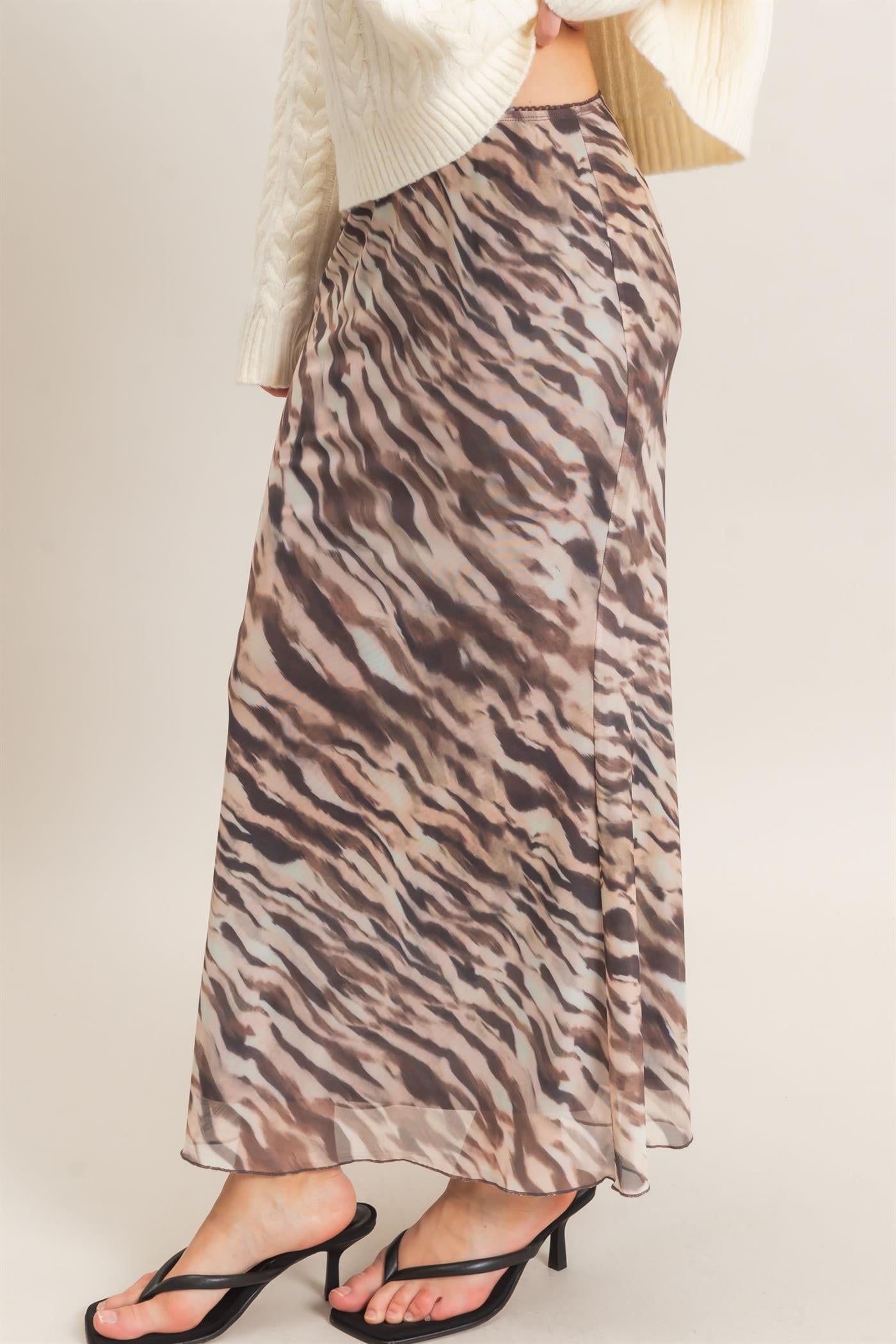 Wholesale Printed Mesh Maxi Skirt Skirts HF26F214 TAUPE/ANIMAL HYFVE