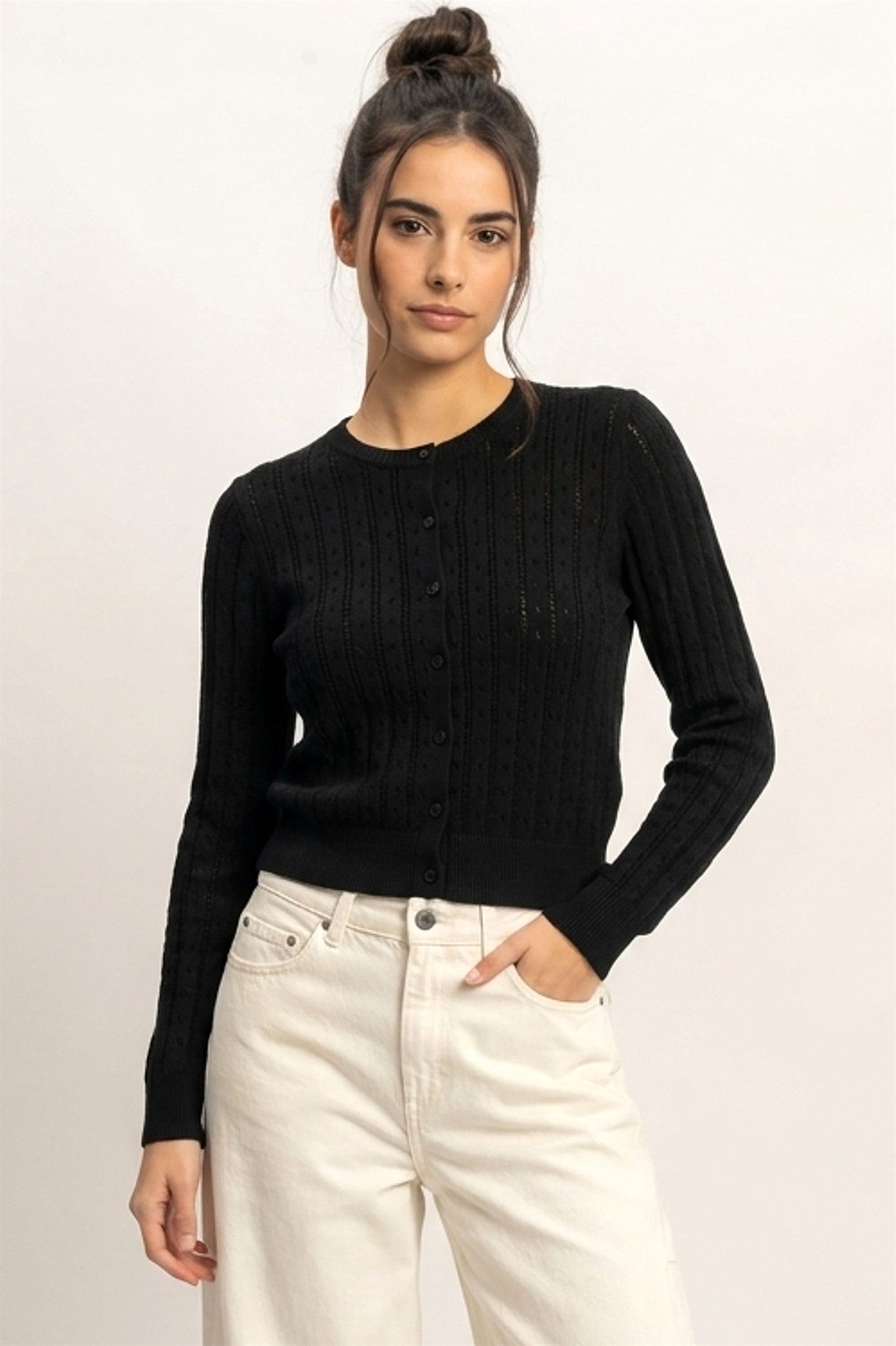 Wholesale Pointelle Button-Down Cardigan Cardigans DZ26E302 BLACK DOUBLE ZERO