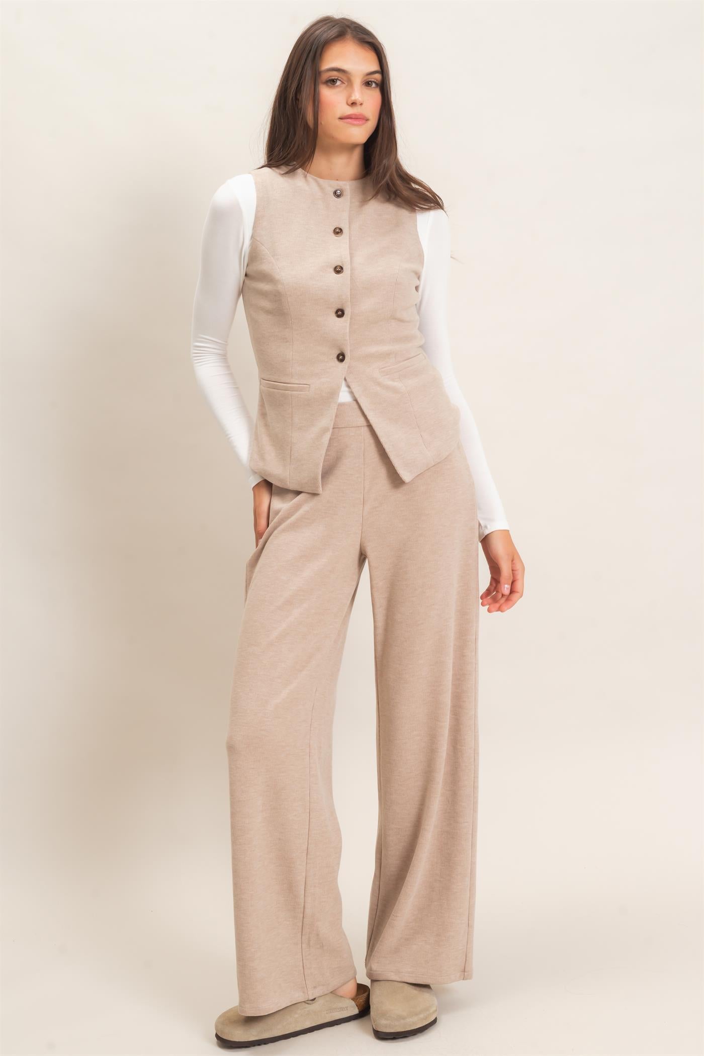 Wholesale Button-Up Vest And Pant Set Clothing HF26F226-SET-D TAUPE HYFVE