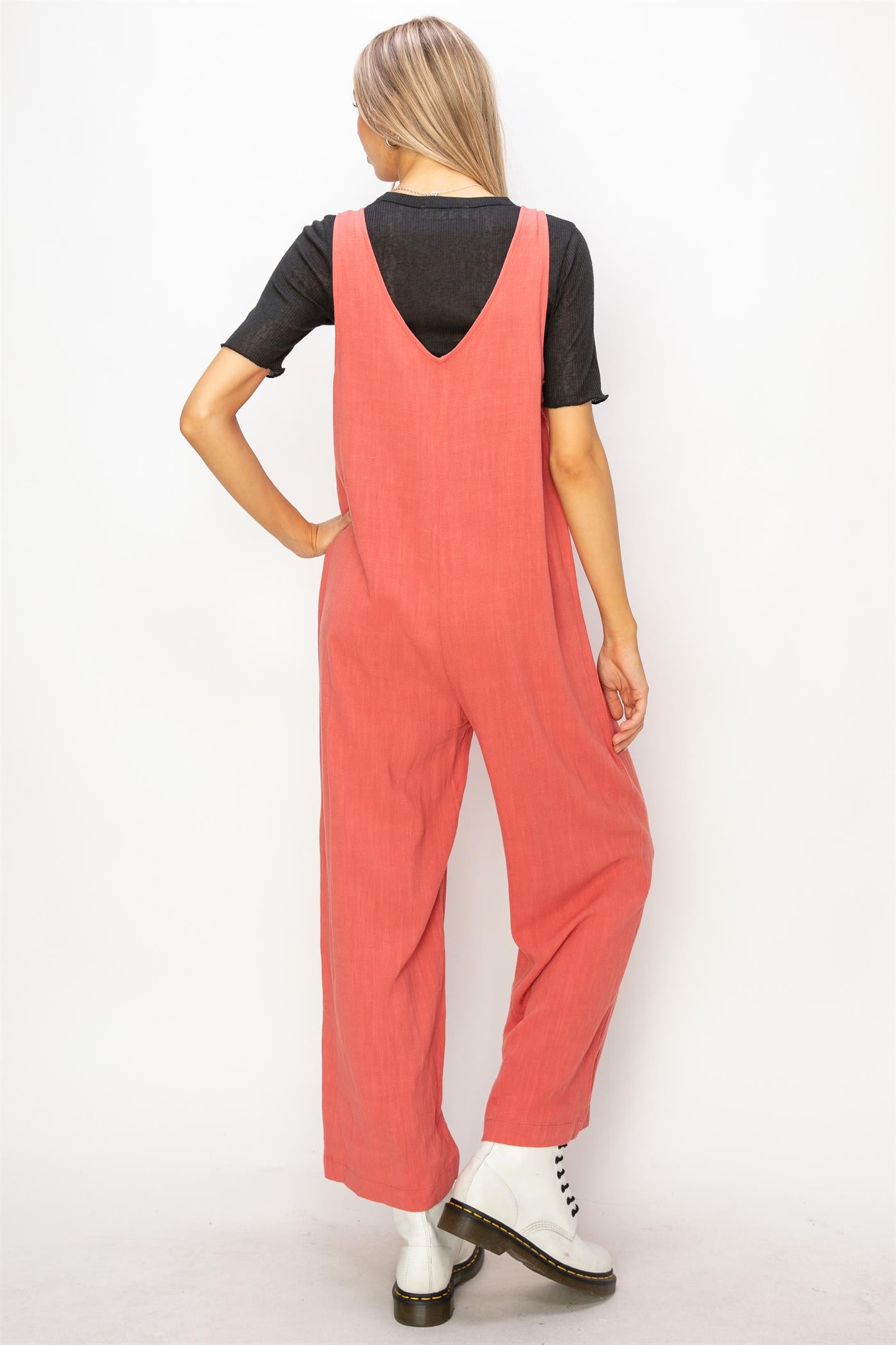 Wholesale Linen Sleeveless Jumpsuit One-Pieces DZ24A886 BRICK DOUBLE ZERO