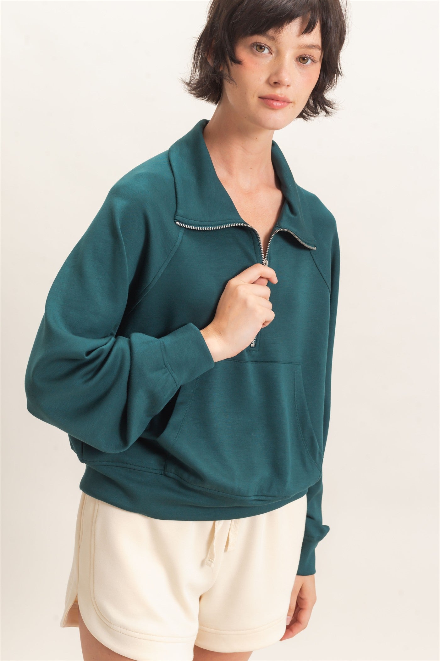 Wholesale Half-Zip Collar Raglan Pullover Sweatshirts DZ26C967 DEEP GREEN DOUBLE ZERO