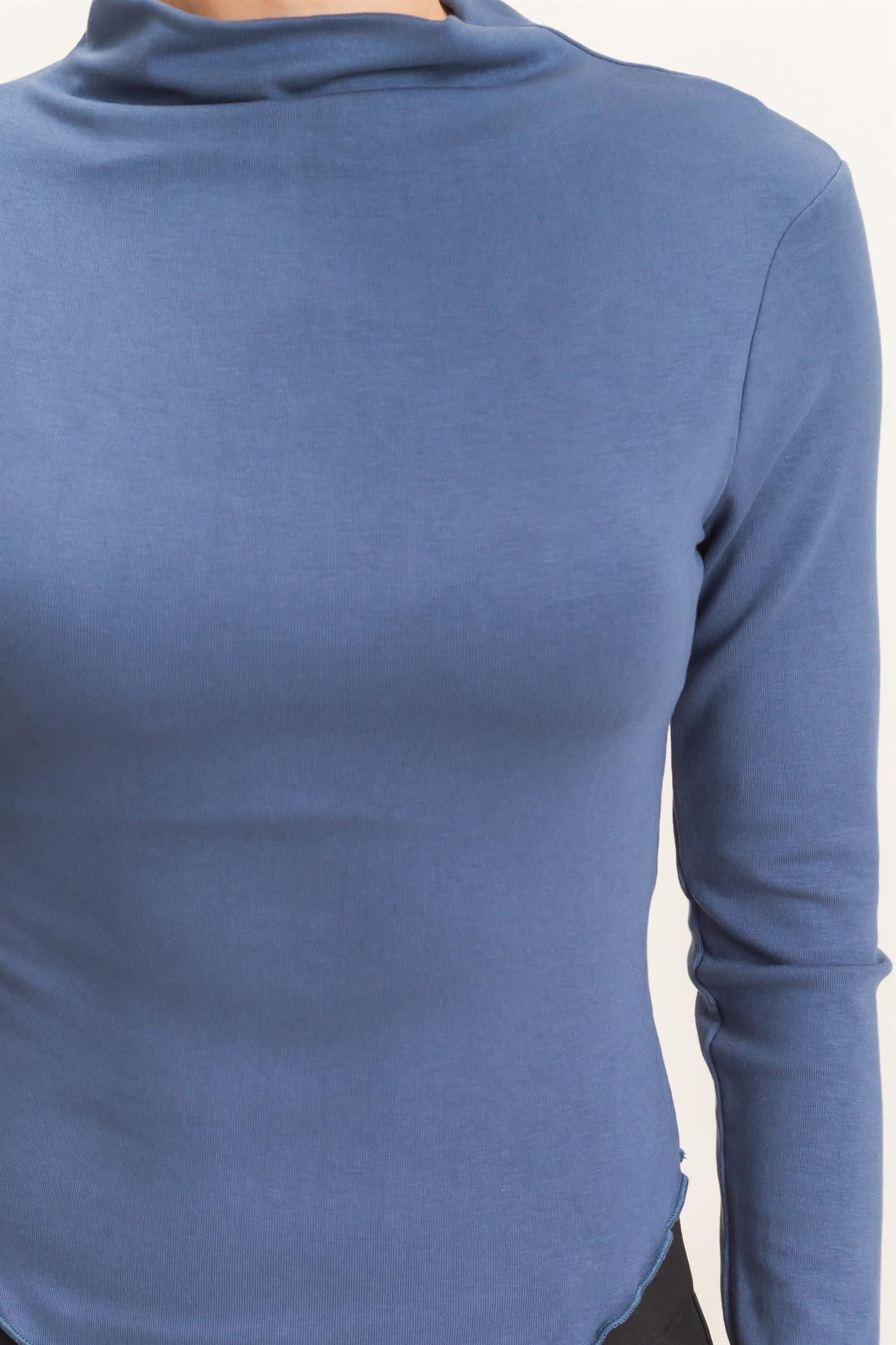Wholesale Long Sleeve Lettuce Hem Top Clothing Tops HF26F122 STEEL BLUE HYFVE