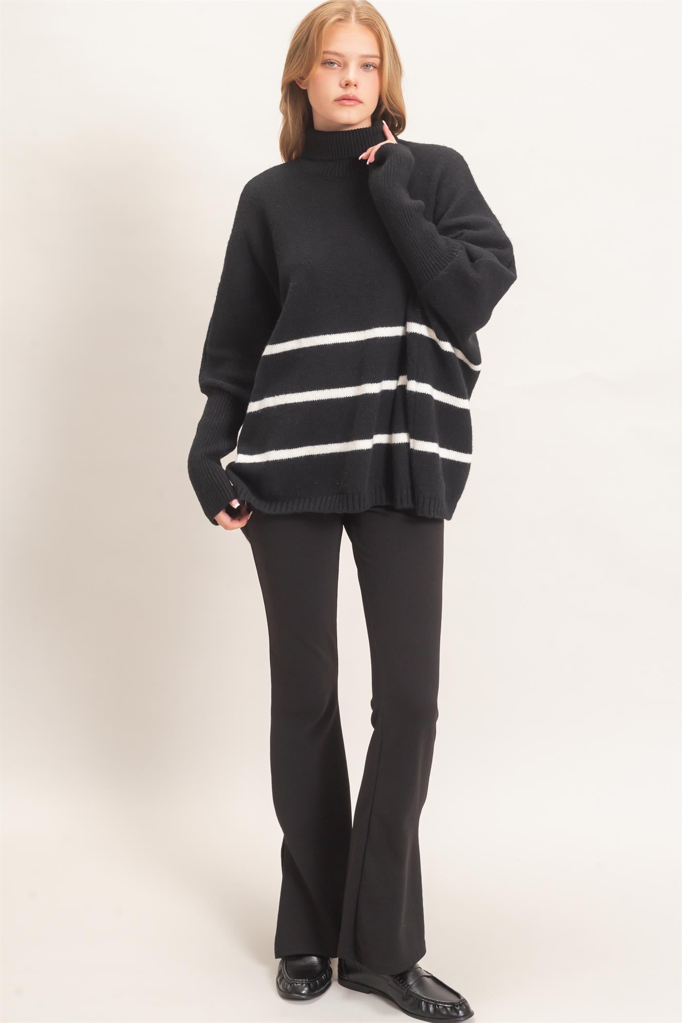 Wholesale Striped Turtleneck Poncho Sweater Sweaters HF26F194 BLACK HYFVE