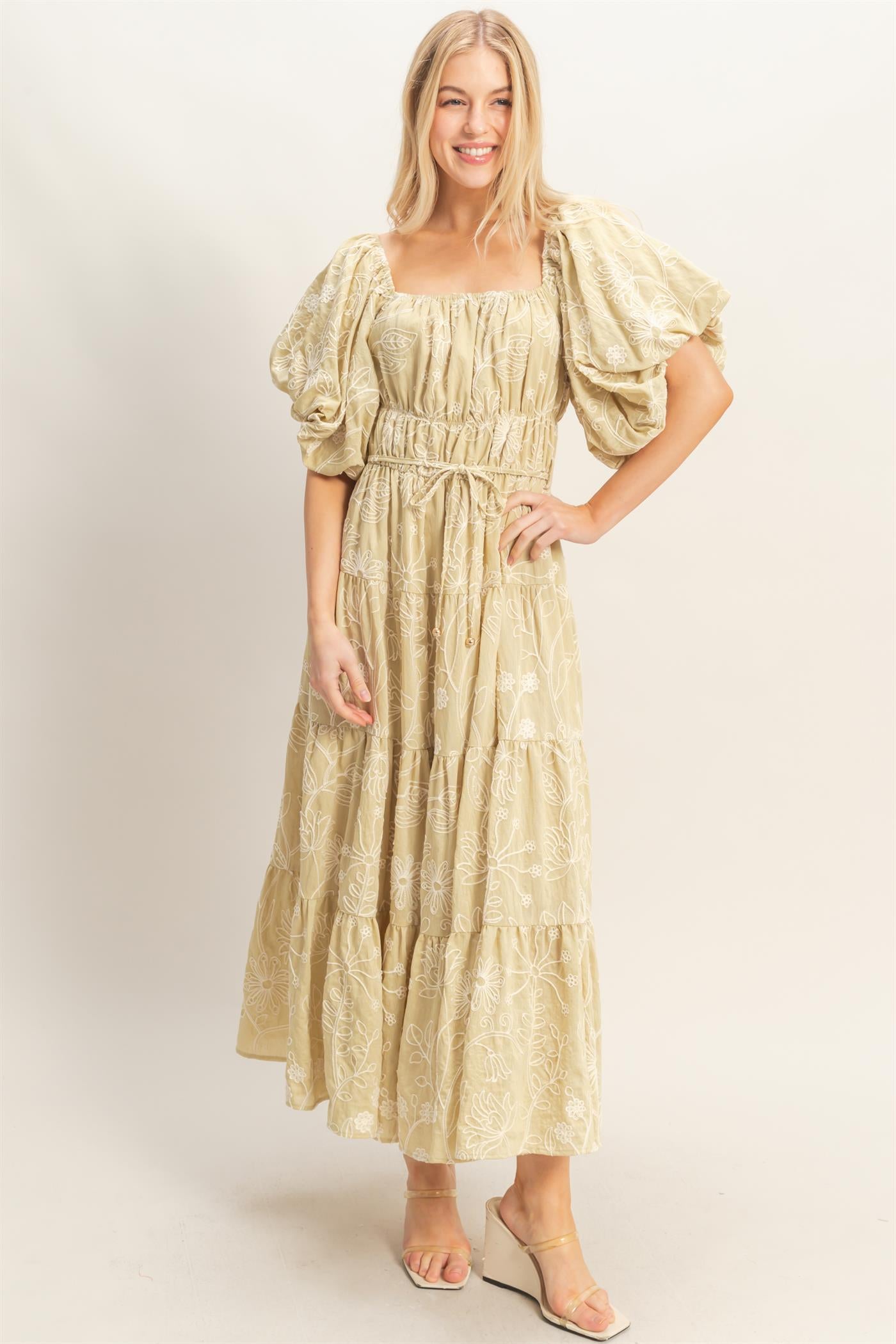 Wholesale Floral Puff Sleeve Midi Dress Dresses HF26C777-D LIGHT SAGE HYFVE