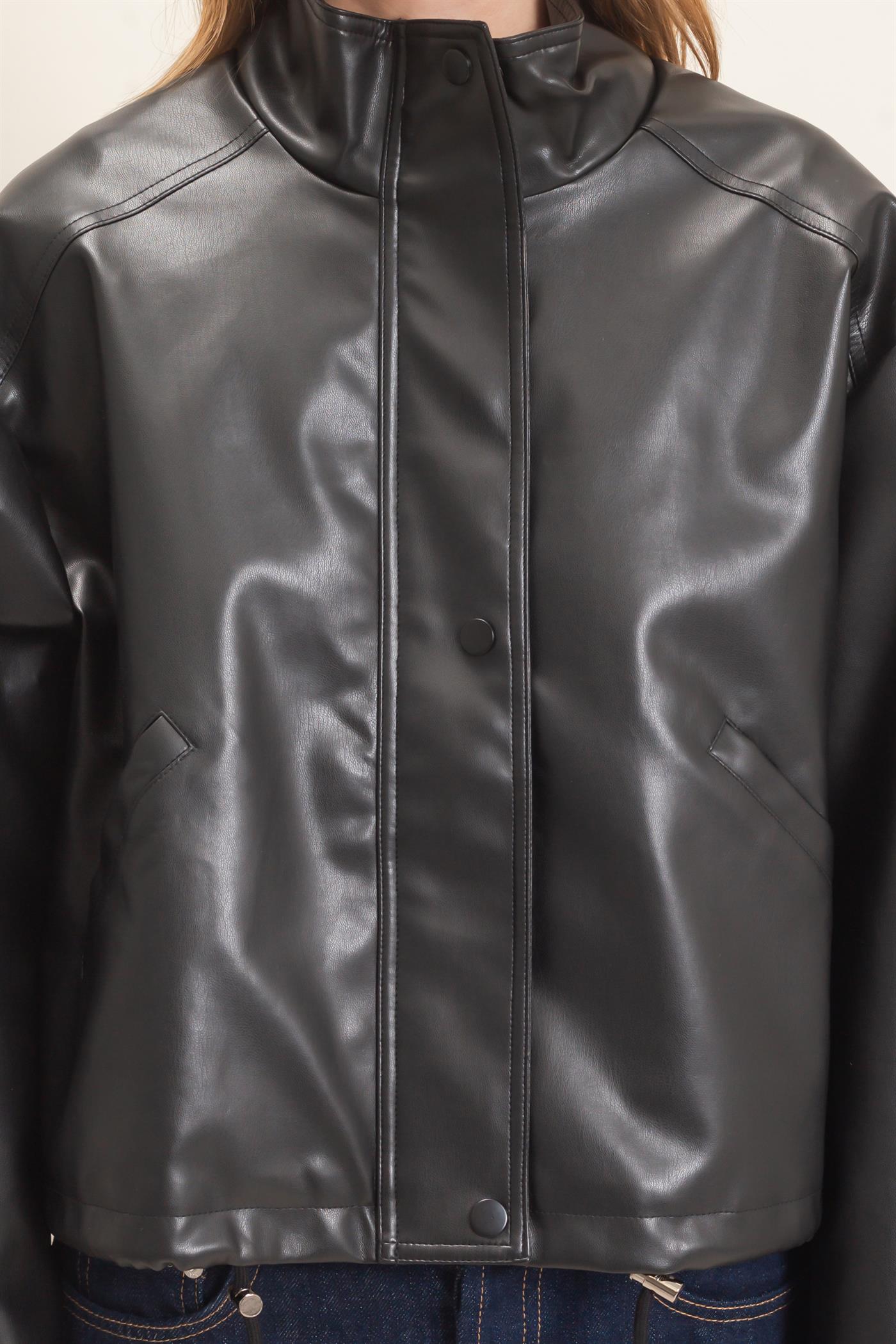 Wholesale Faux Leather Jacket With Stand Collar Bomber Jackets HF25F452 BLACK HYFVE