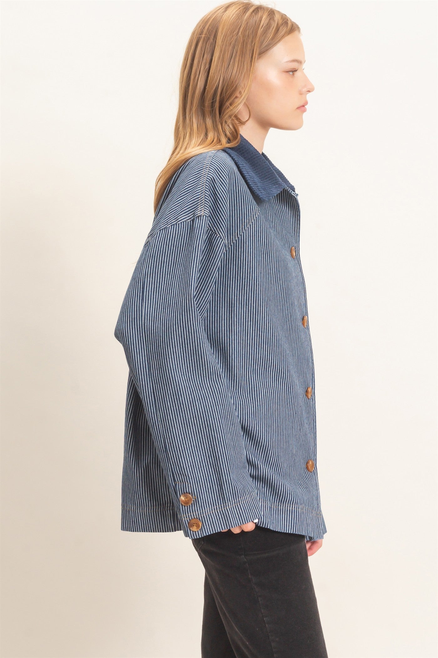 Wholesale Pinstripe Denim Jacket Coats & Jackets HF26C006 DARK DENIM HYFVE