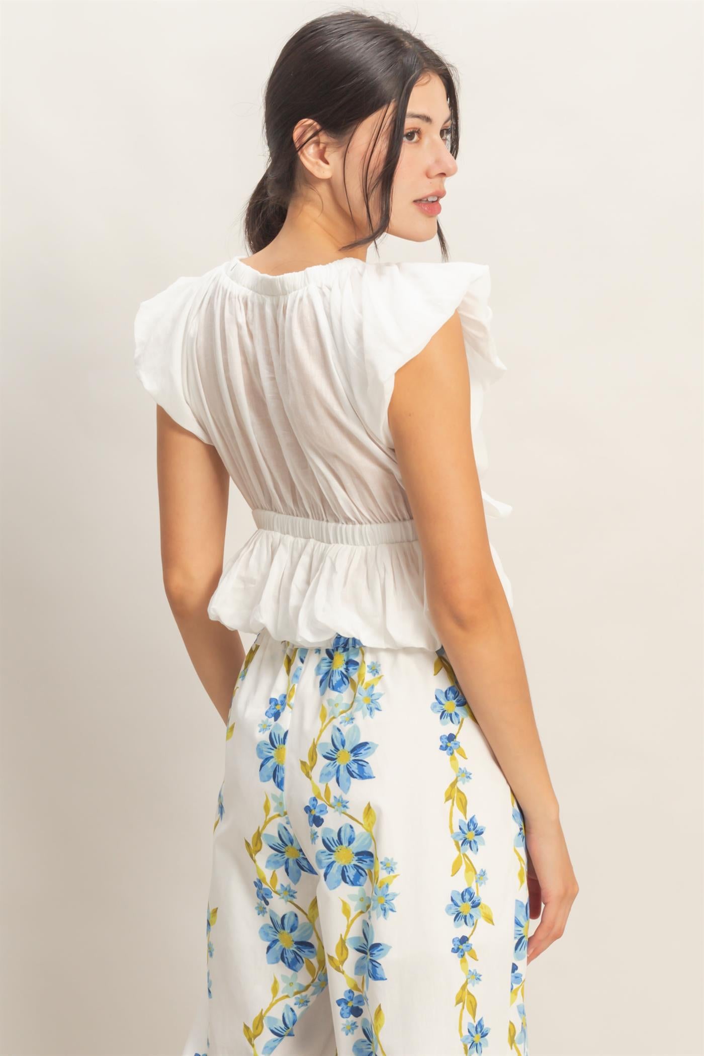 Wholesale Ruched V-Neck Puff Sleeve Top Clothing Tops HF26A122 CREAM HYFVE
