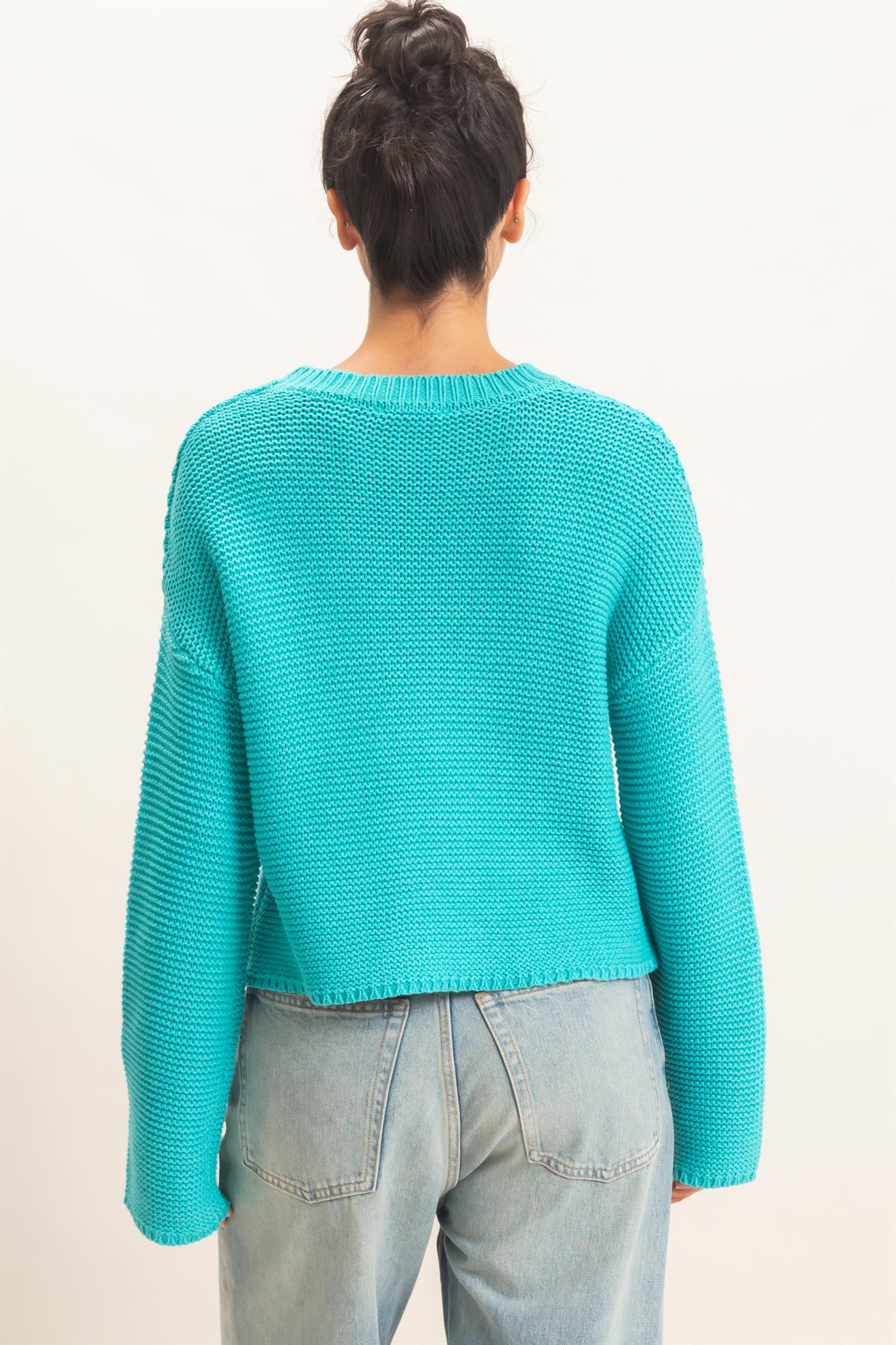 Wholesale Textured Knit Crew Neck Sweater Sweaters DZ26F395 TURQUOISE DOUBLE ZERO