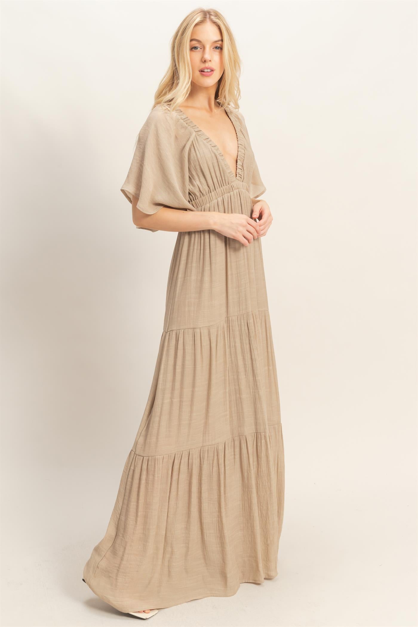Wholesale Flutter Sleeve Maxi Dress Dresses HF26C285-D TAUPE HYFVE