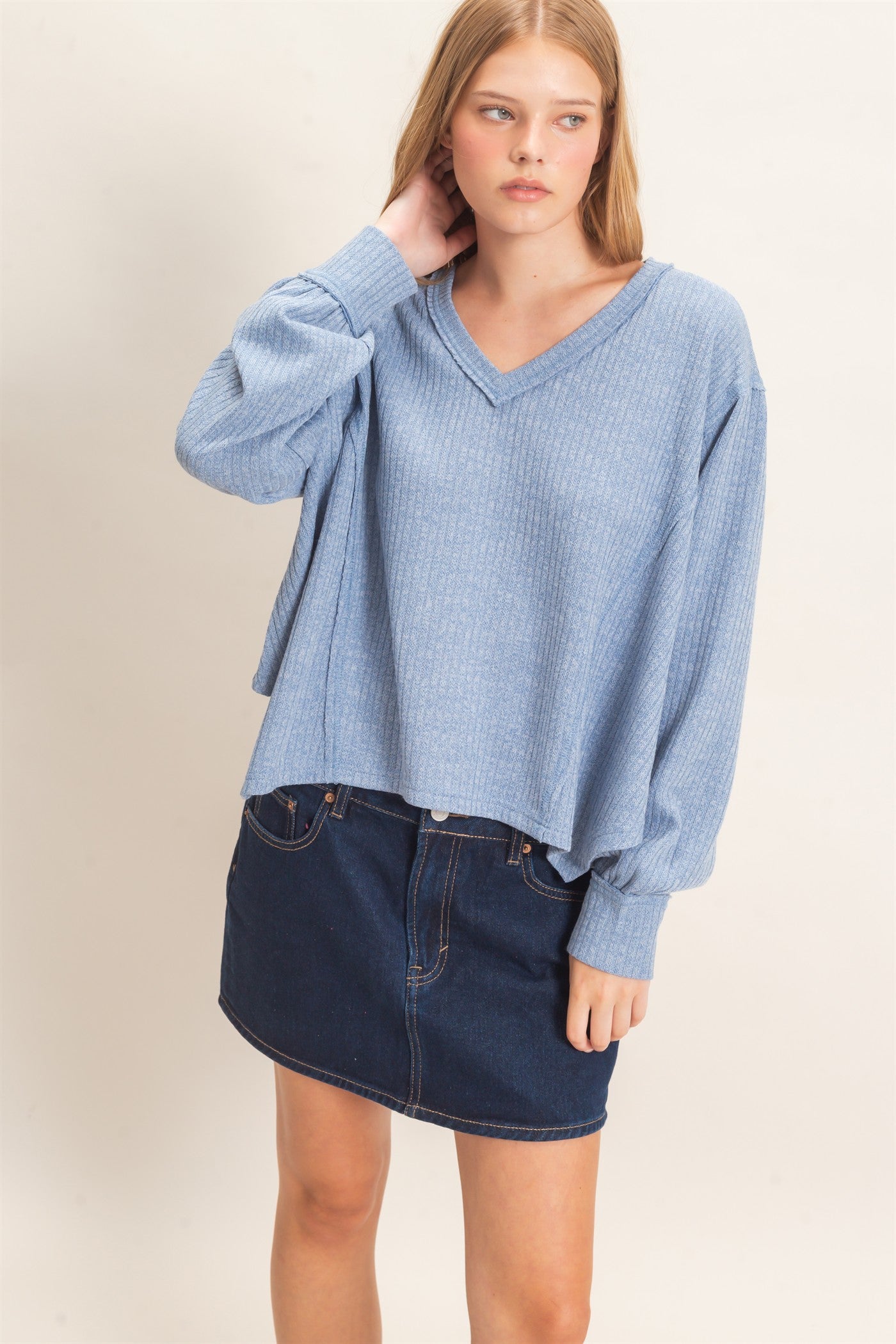 Wholesale Ribbed V-Neck Knit Top Shirts HF26F351 BLUE HYFVE