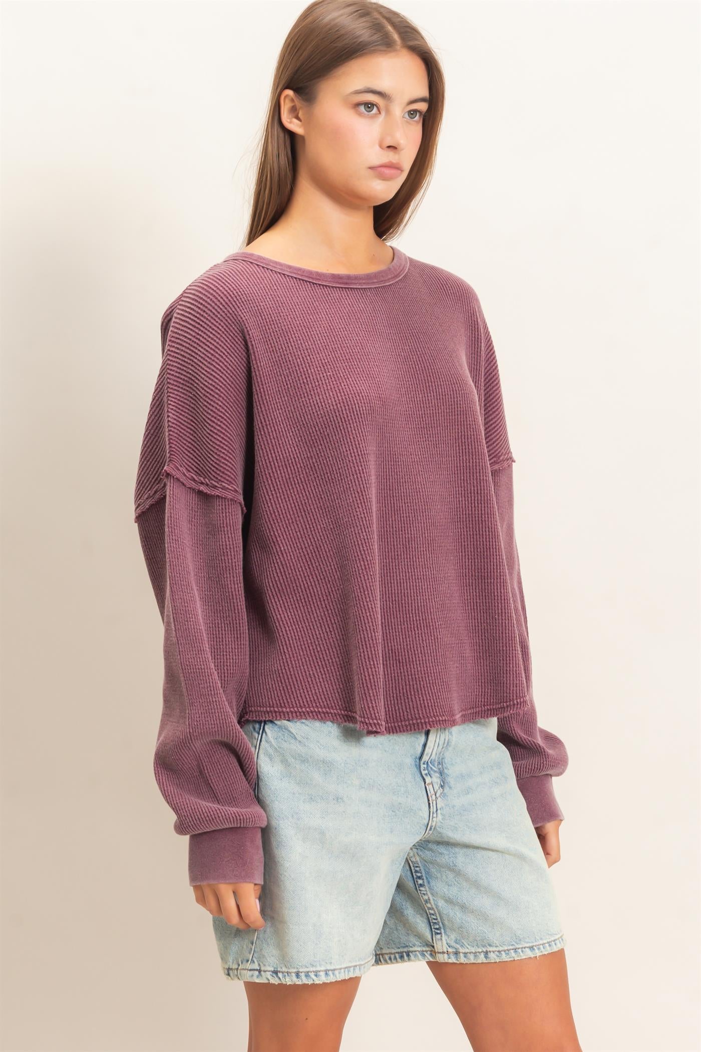 Wholesale Mineral Wash Waffle Oversized Top Clothing Tops DZ26E248 DARK CHERRY DOUBLE ZERO