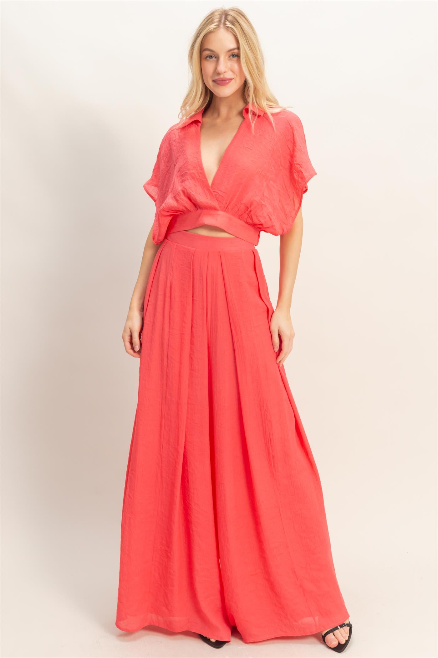 Wholesale Collared Wrap Top & Wide-Leg Pants Set Clothing HF26C286-SET-D CORAL RED HYFVE