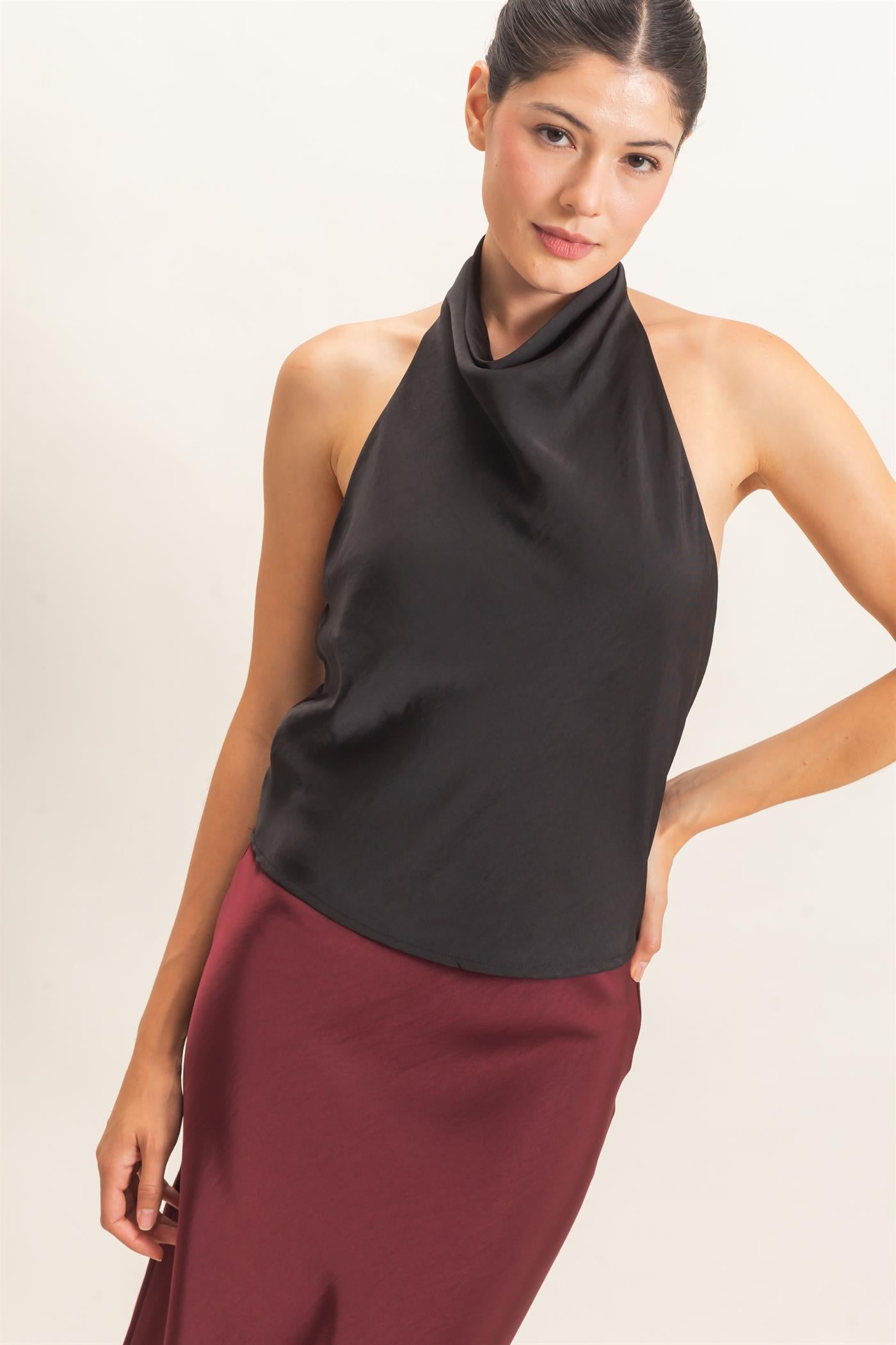 Wholesale Draped Halter Satin Top Blouses HF26E632 BLACK HYFVE
