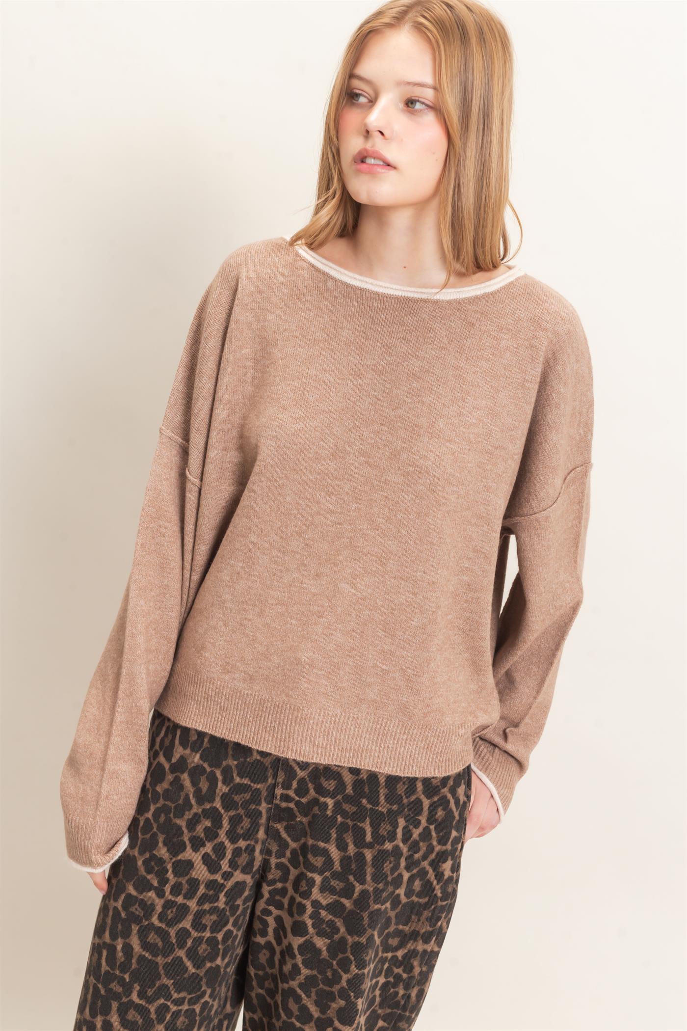 Wholesale Relaxed Wide Neck Knit Sweater Sweaters HF26E066-D LIGHT TAUPE HYFVE