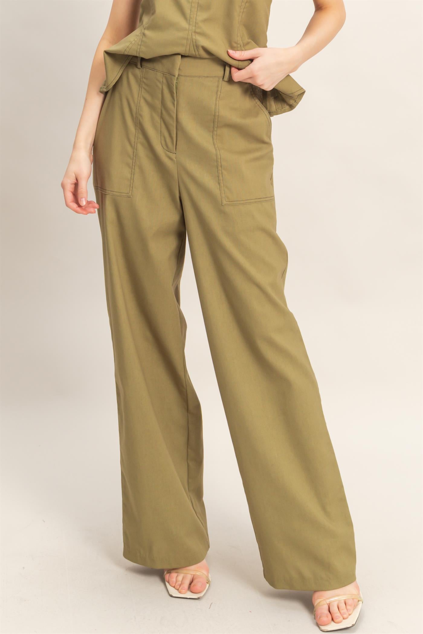 Wholesale Wide-Leg Pants With Pockets Pants HF26C402 OLIVE HYFVE
