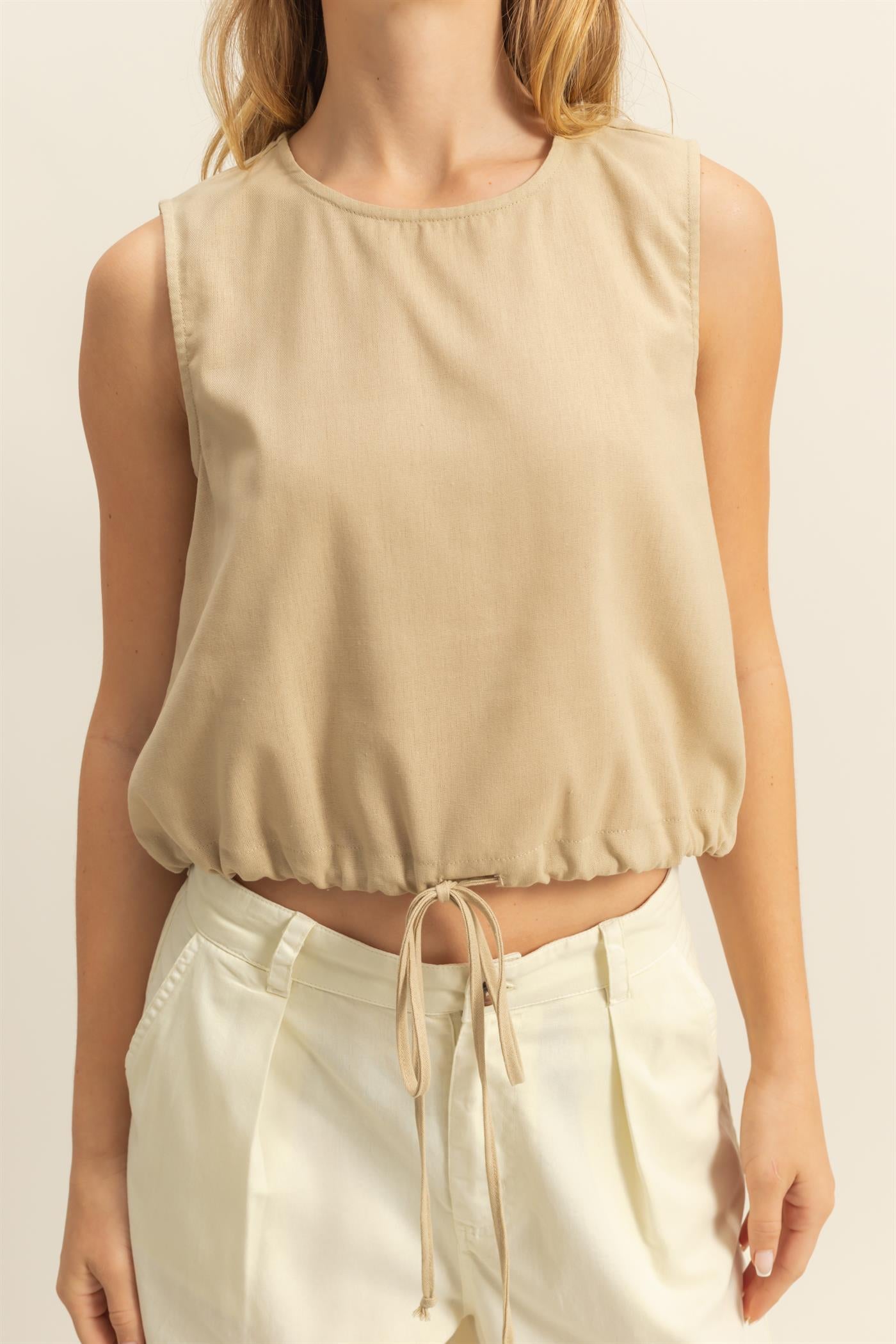Wholesale Sand Washed Sleeveless Crop Top Clothing Tops DZ25C515 LIGHT TAUPE DOUBLE ZERO