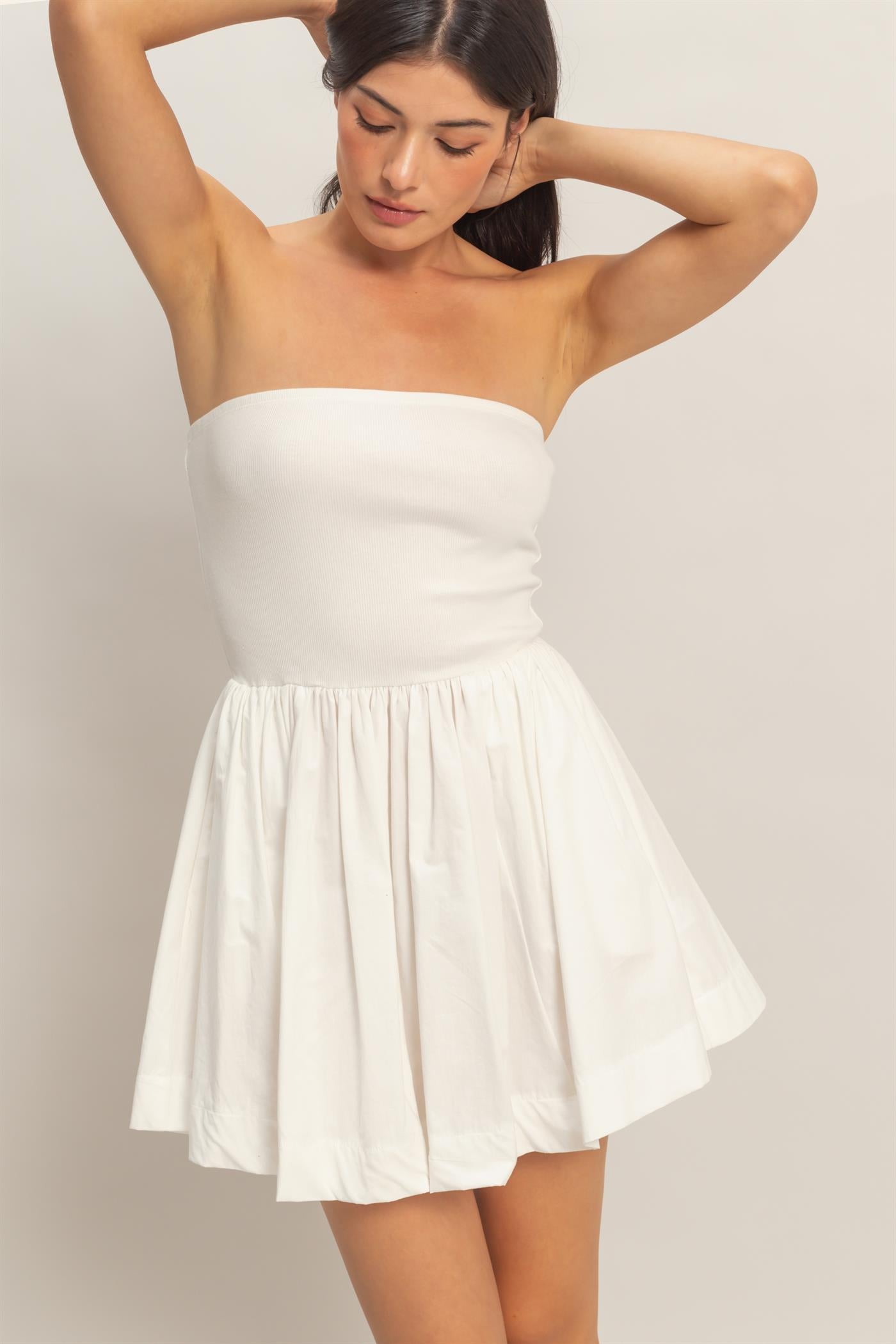 Wholesale Strapless Flowy Mini Dress Dresses DZ26C043 WHITE DOUBLE ZERO