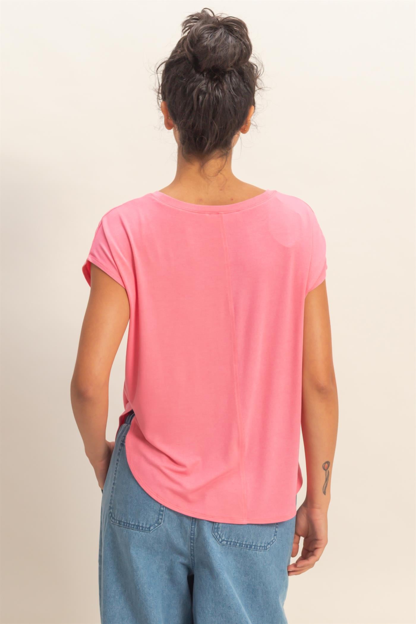 Wholesale Relaxed Dolman Short Sleeve  Round Neck Top Shirts DZ26A270 TAFFY PINK DOUBLE ZERO