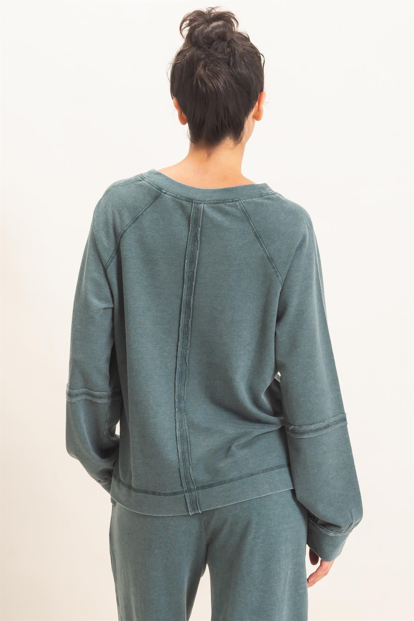 Wholesale Mineral Wash V-Neck Seam Detail Sweatshirt Sweatshirts DZ26F014 DARK GREEN DOUBLE ZERO