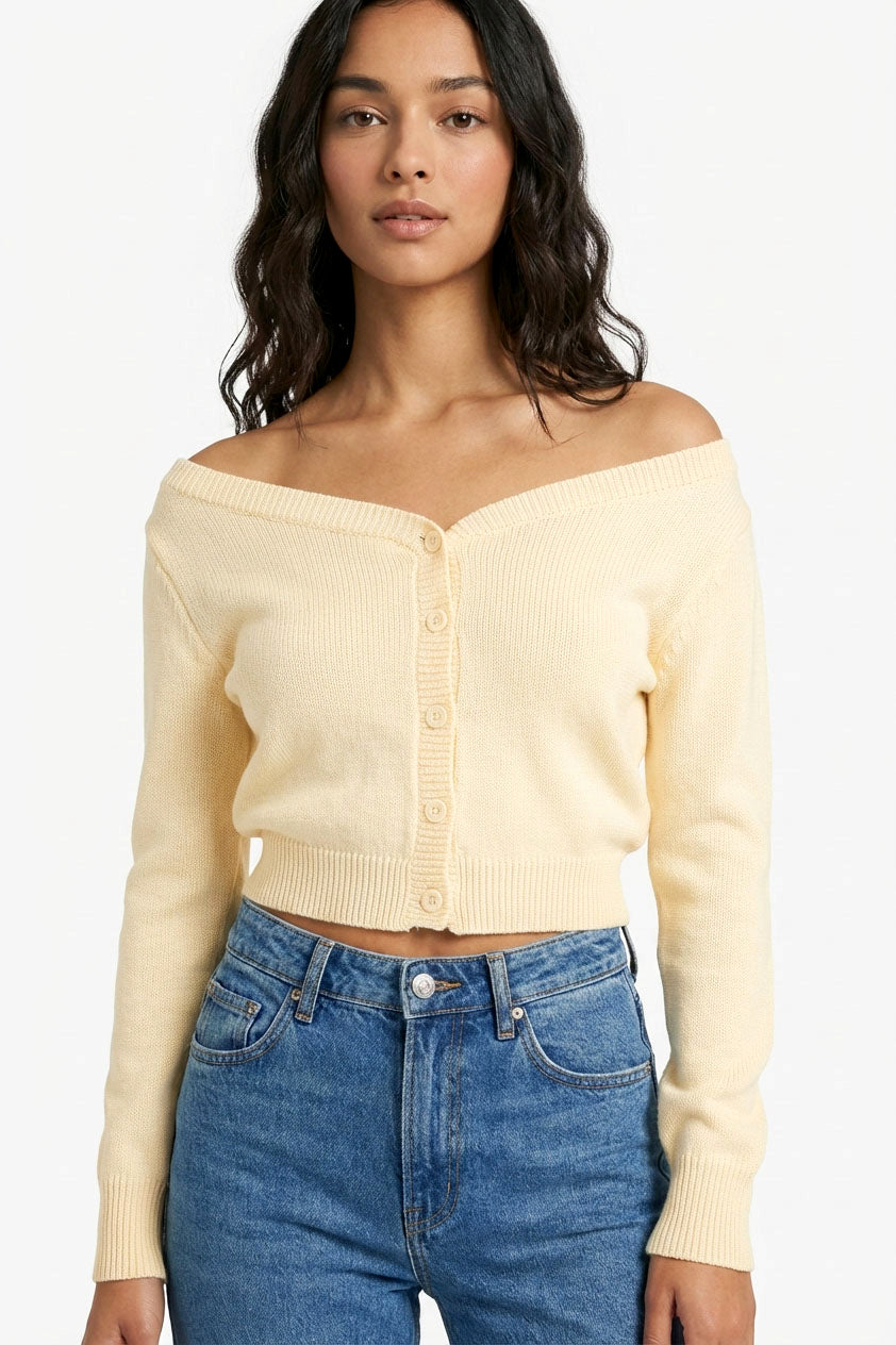 Wholesale Off The Shoulder Long Sleeve Crop Sweater Top Sweaters DZ25E404 CREAM DOUBLE ZERO