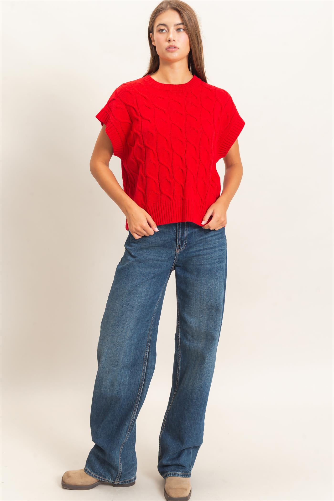 Wholesale Cable Knit Cap Sleeve Sweater Sweaters DZ26C974 RED DOUBLE ZERO