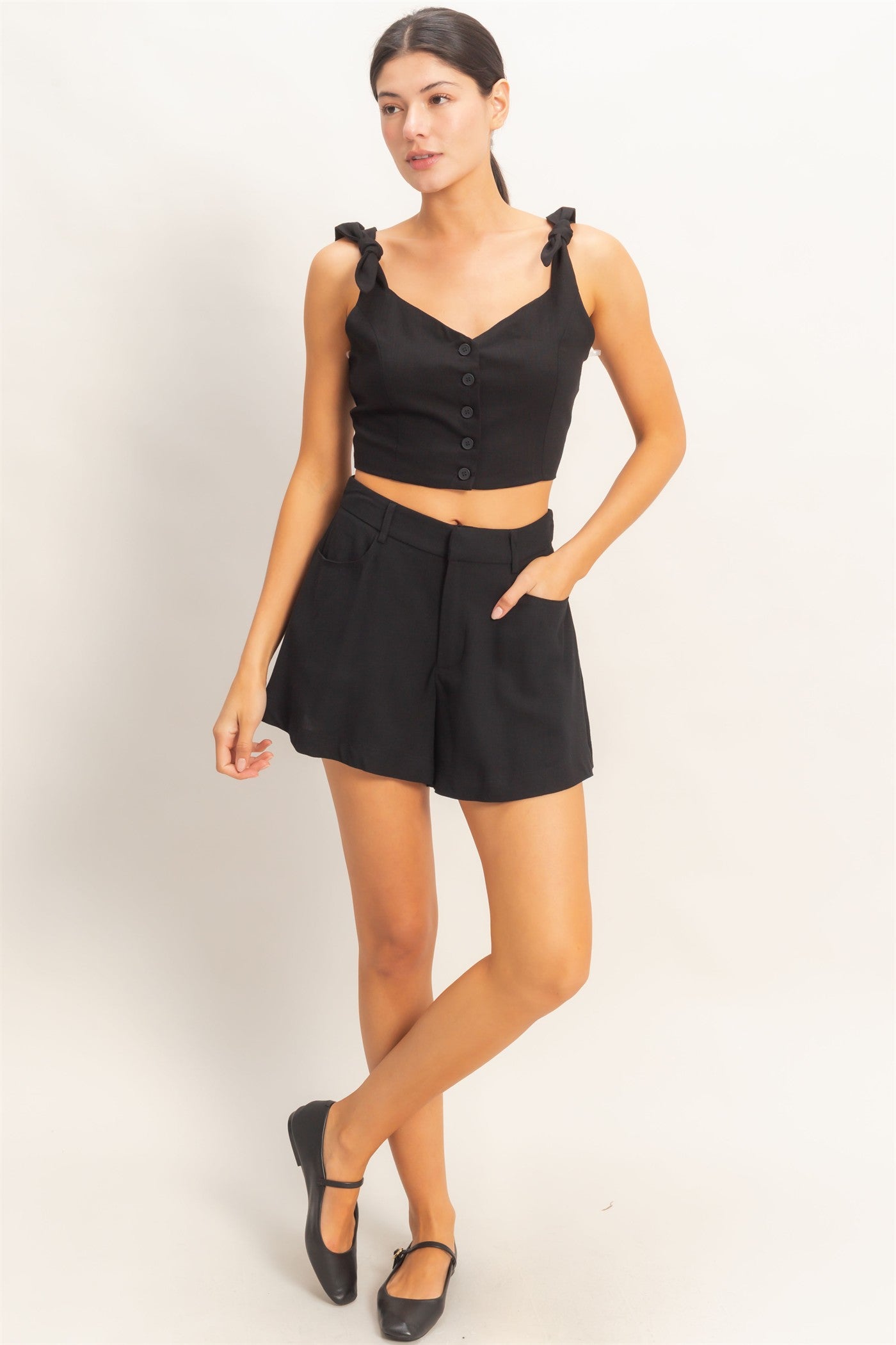 Wholesale Button-Up Tie Strap Crop Top Clothing Tops HF26A445 BLACK HYFVE