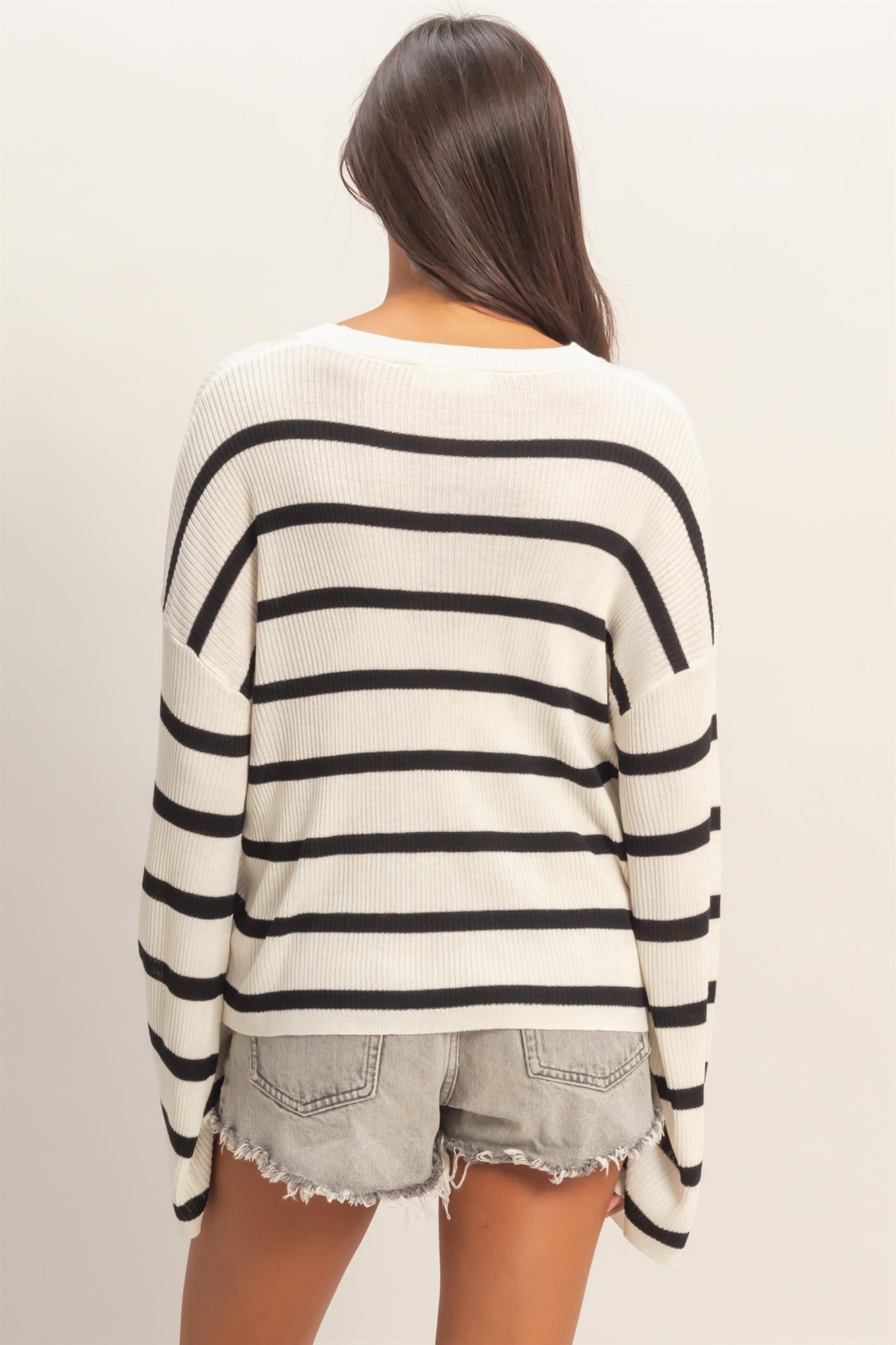 Wholesale Lightweight Wide-Sleeve Striped Sweater Clothing Tops DZ26A329 BLACK DOUBLE ZERO