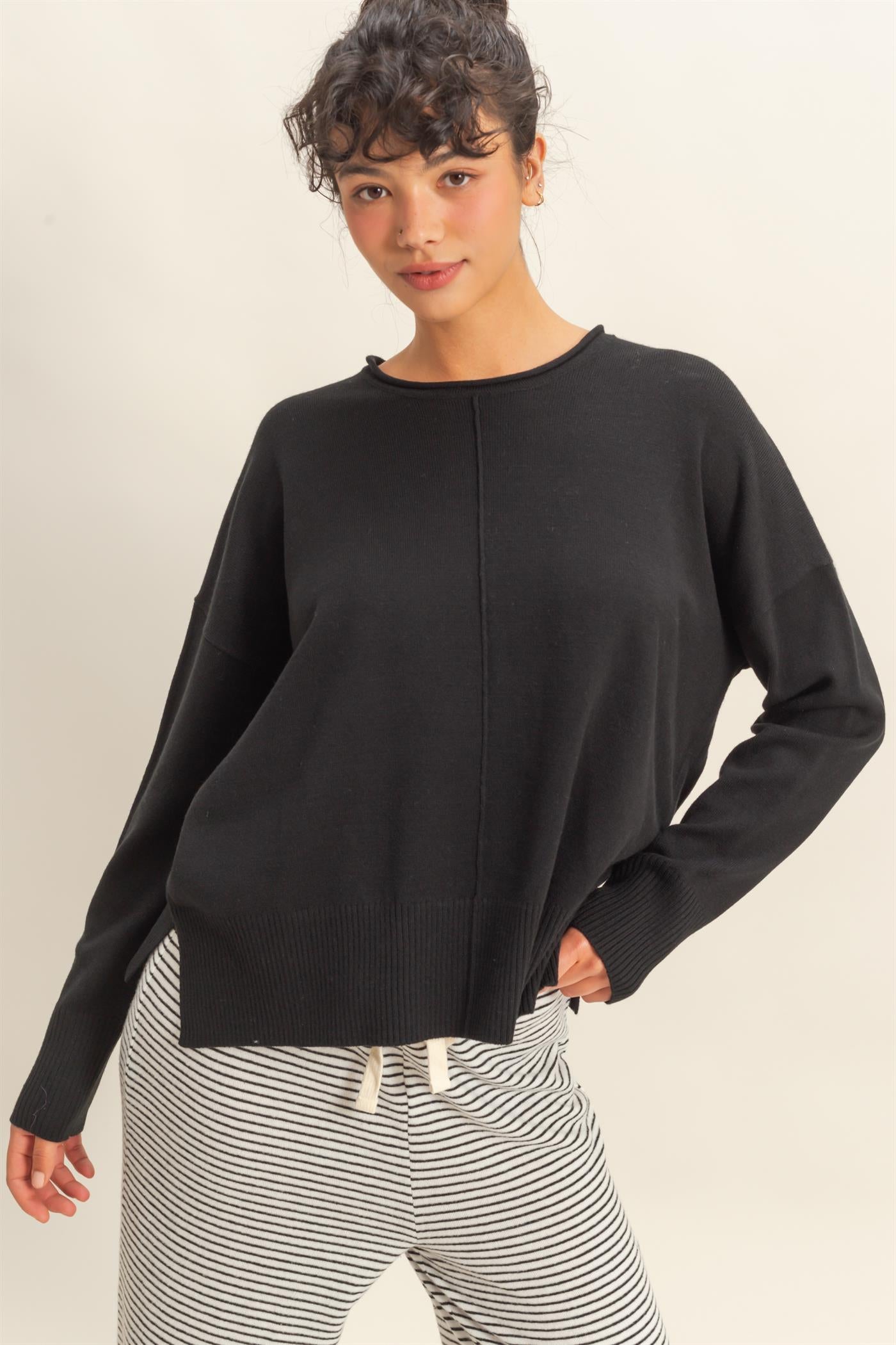 Wholesale Roll Neck Seam Detail Sweater Sweaters DZ26C975 BLACK DOUBLE ZERO