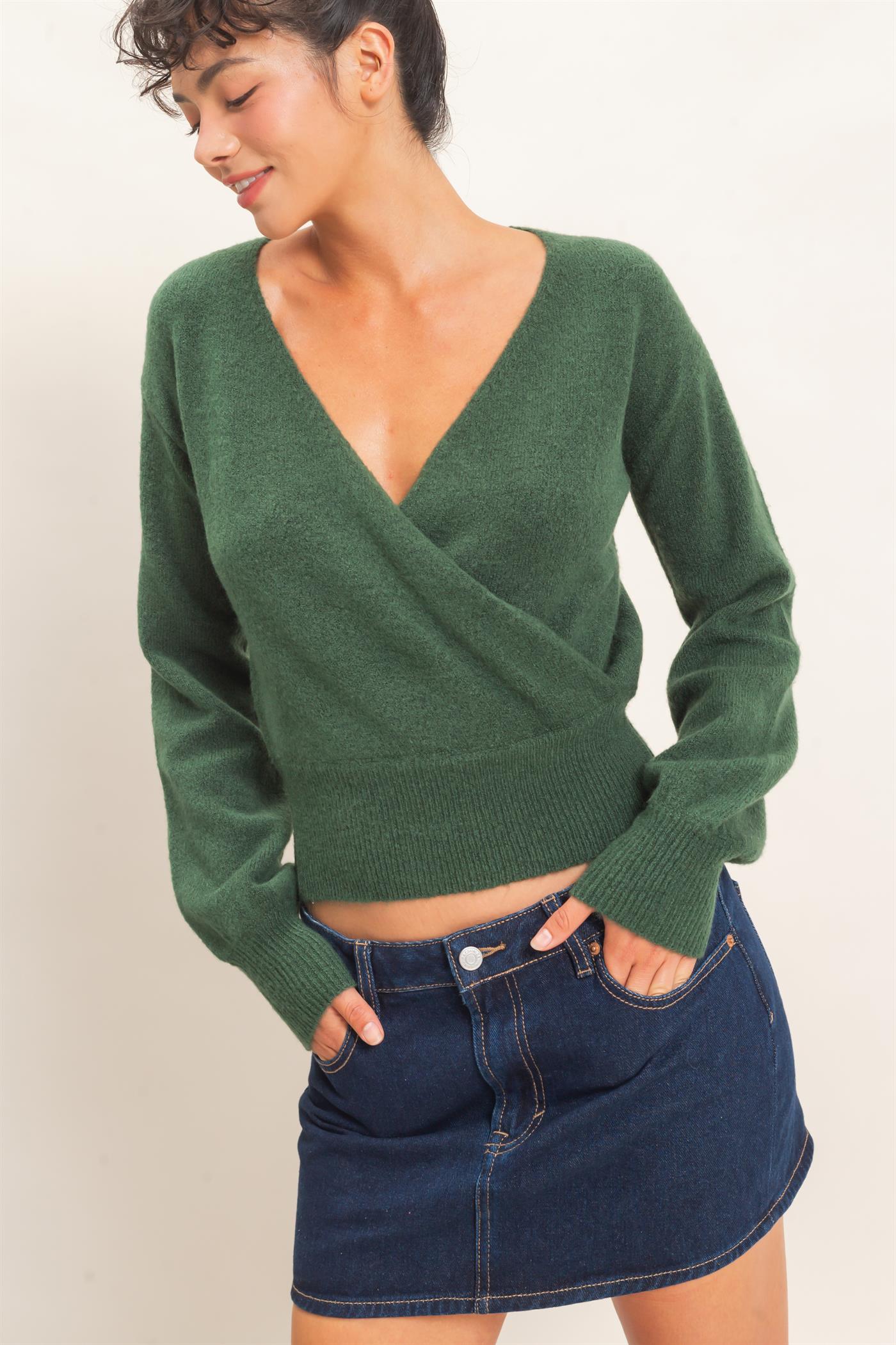 Wholesale Wrap V Neck Sweater Sweaters DZ26E948 DARK GREEN DOUBLE ZERO
