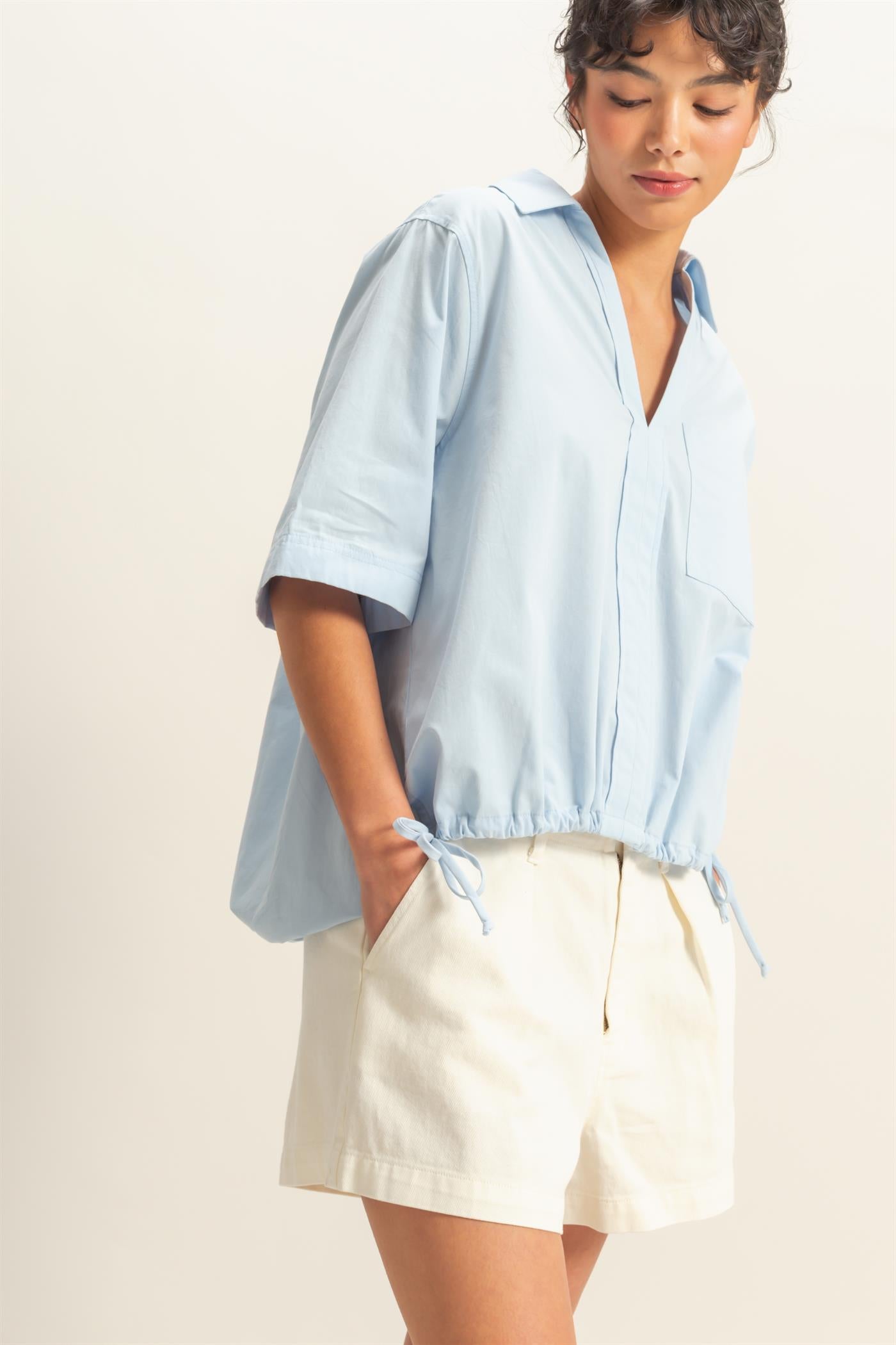 Wholesale Bubble Hem Relaxed Fit Shirt Polos DZ25E081 ICE BLUE DOUBLE ZERO
