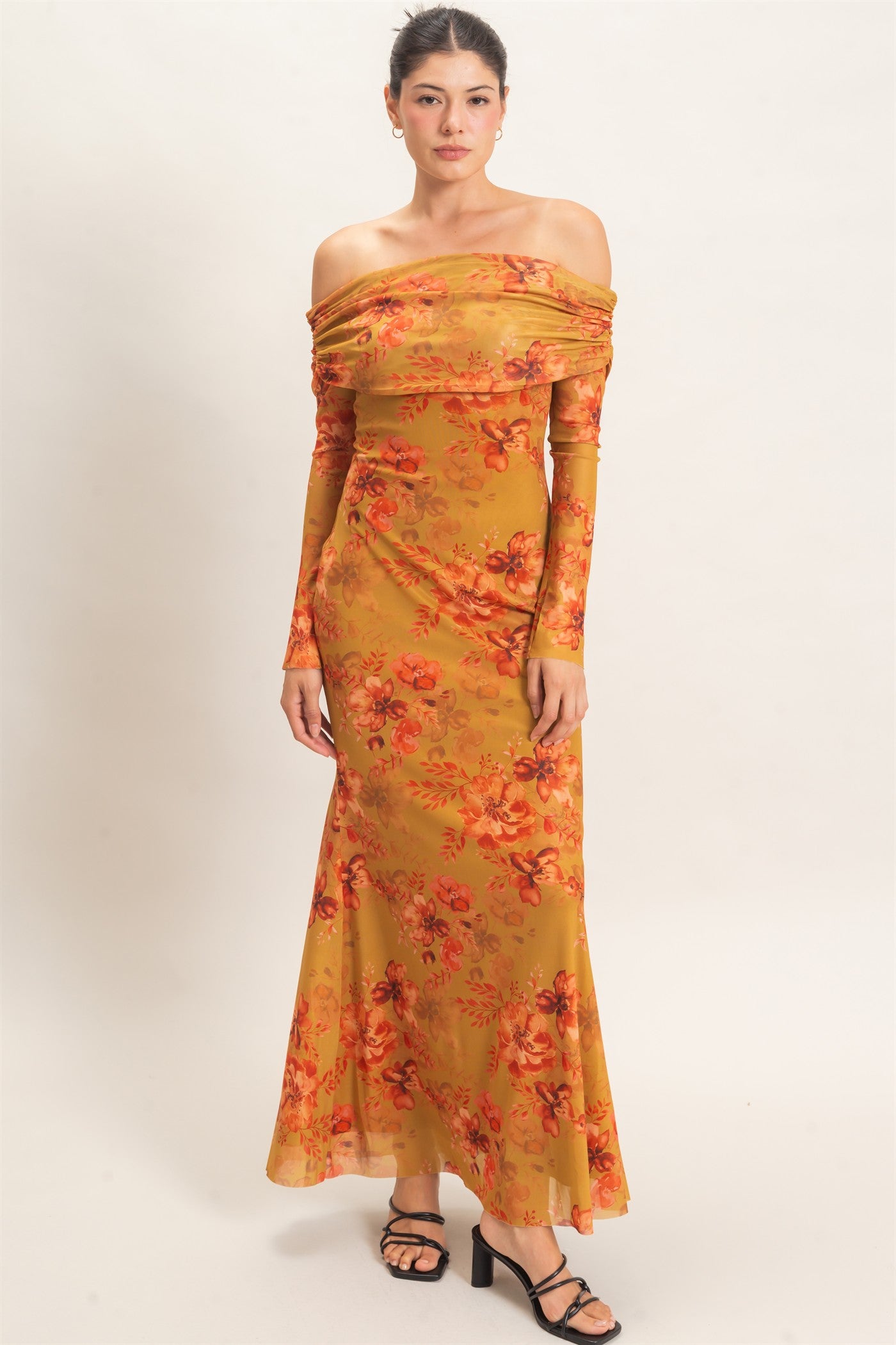 Wholesale Off Shoulder Floral Mesh Dress Dresses HF26E008 MUSTARD HYFVE