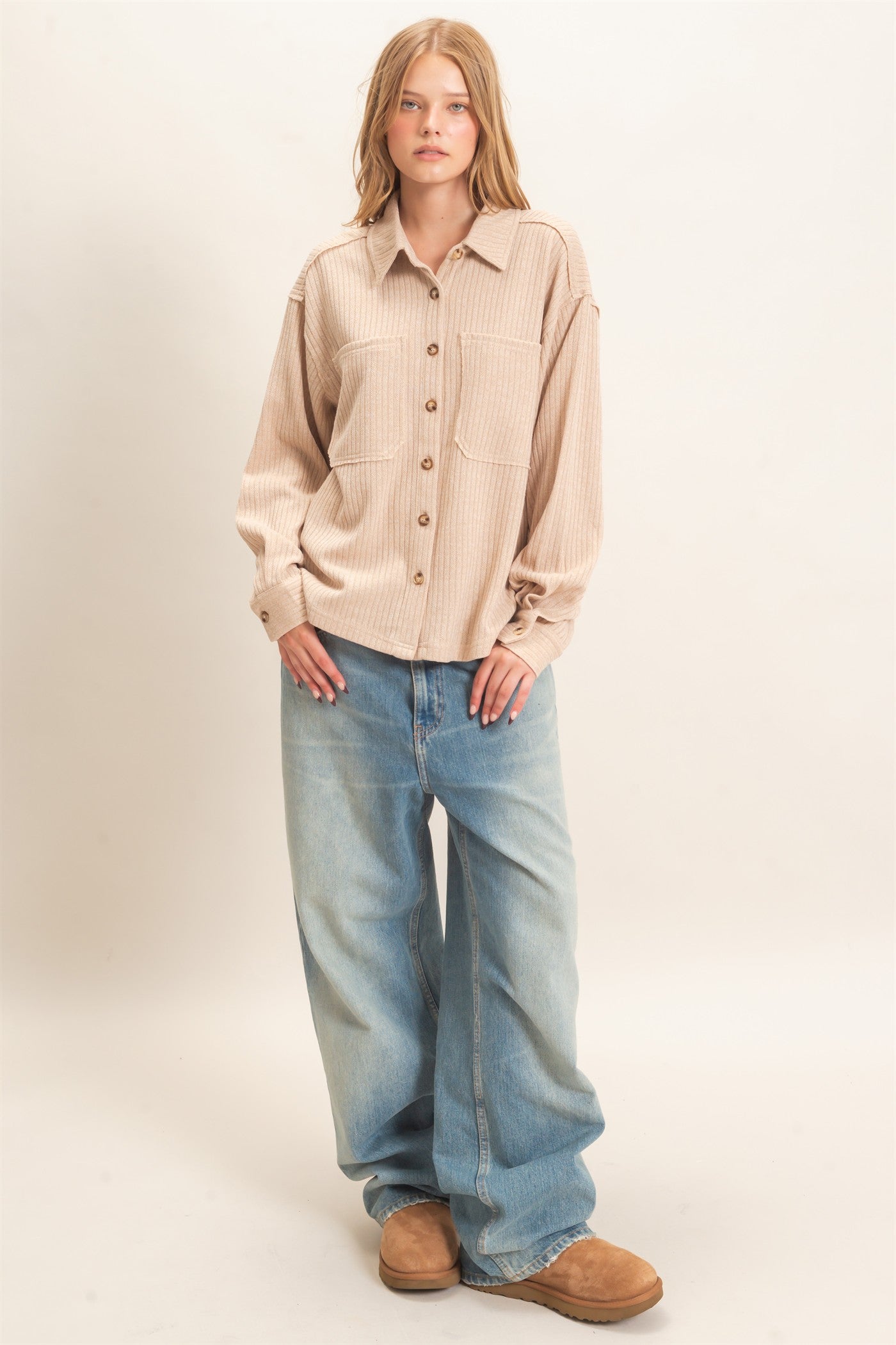 Wholesale Corduroy Button-Up Shirt Shirts HF26F138 BEIGE HYFVE