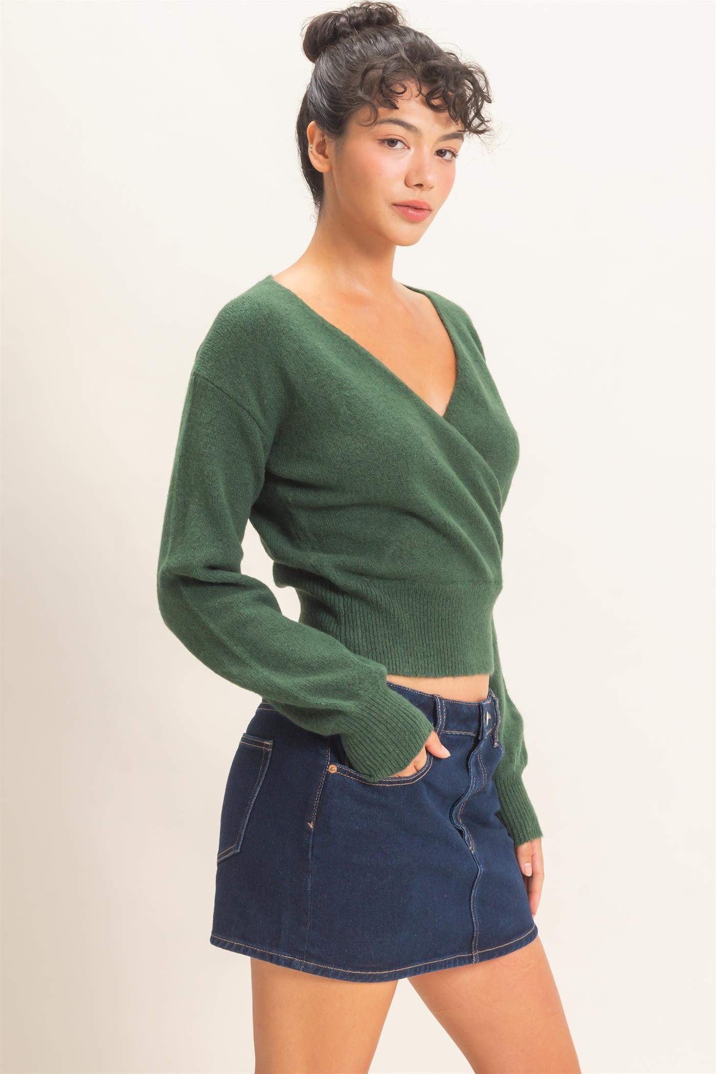 Wholesale Wrap V Neck Sweater Sweaters DZ26E948 DARK GREEN DOUBLE ZERO