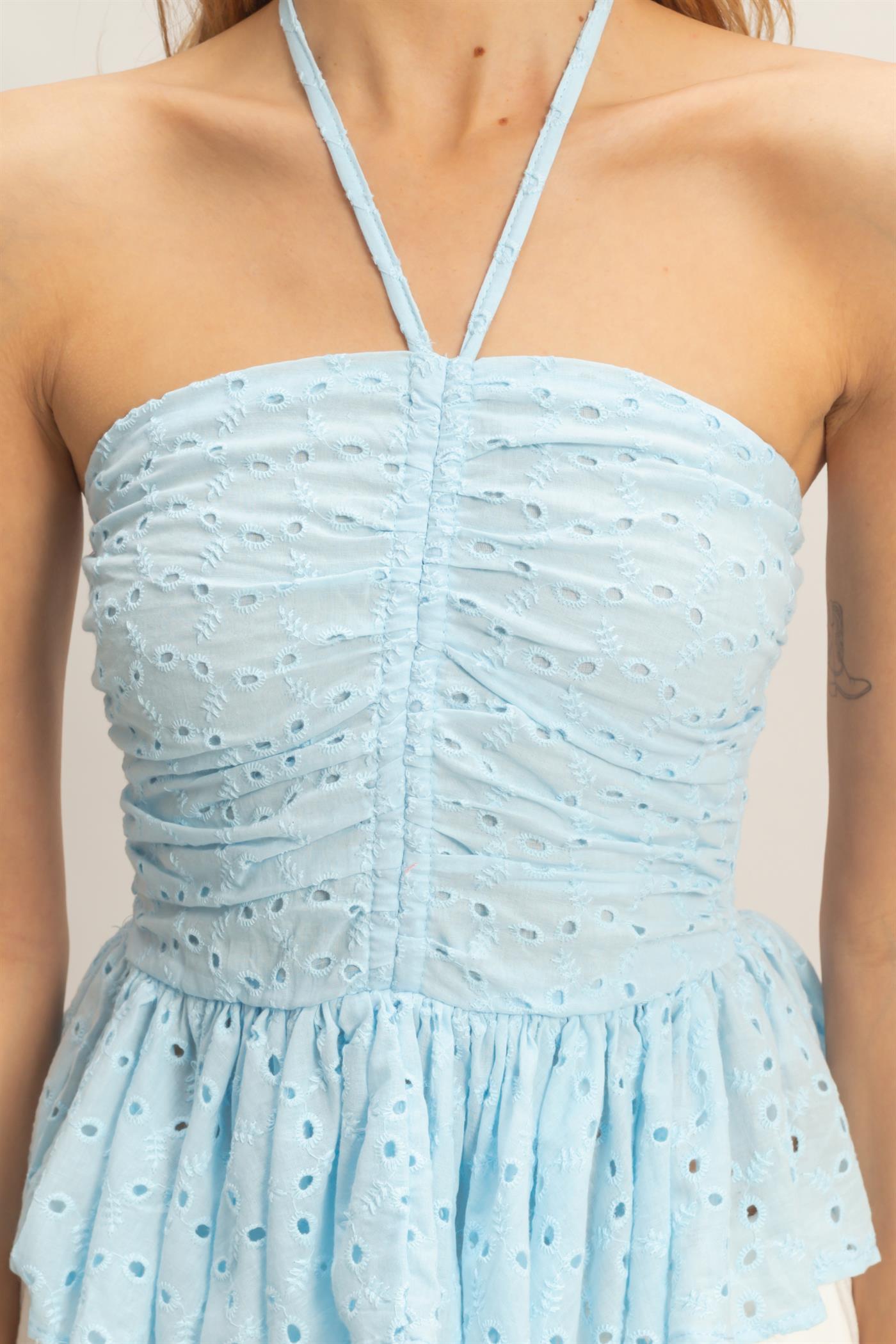Wholesale Smocked Halter Top Clothing Tops HF26A276 L.BLUE HYFVE
