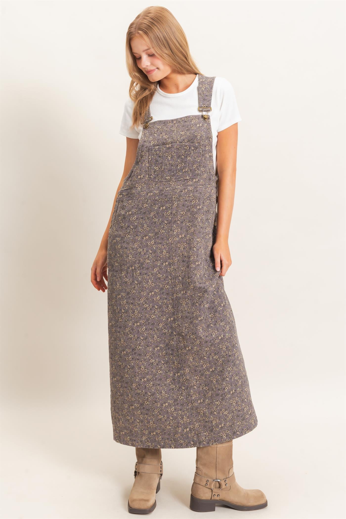 Wholesale Floral Garment Wash Overall Dress Dresses HF26C838 ASH HYFVE