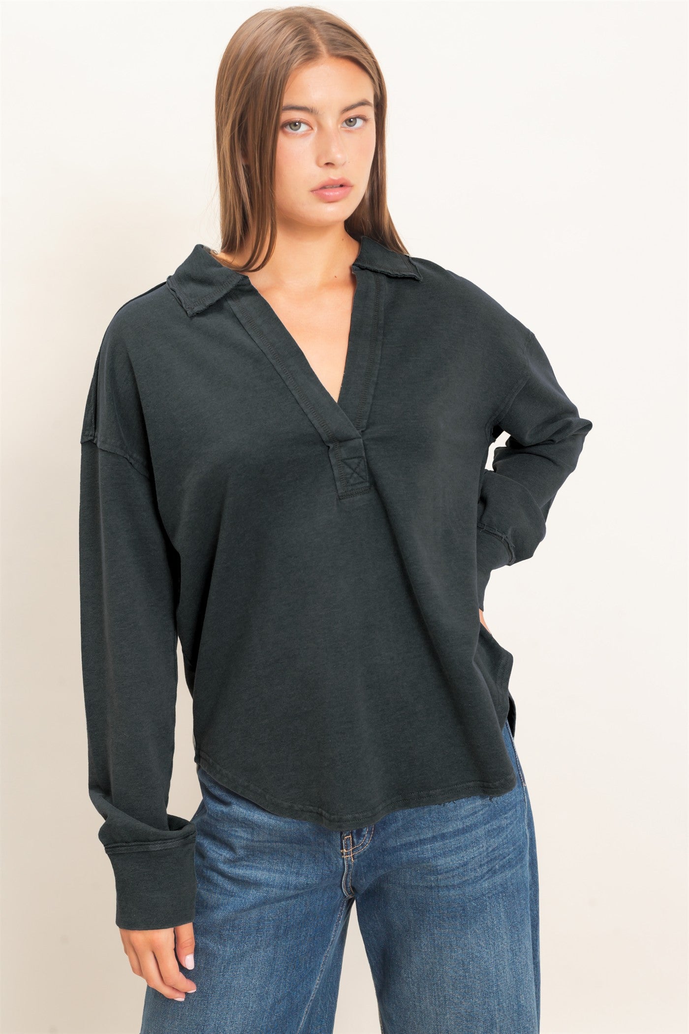 Wholesale Mineral Washed Polo Collar Long Sleeve Top Polos DZ26E887 BLACK DOUBLE ZERO