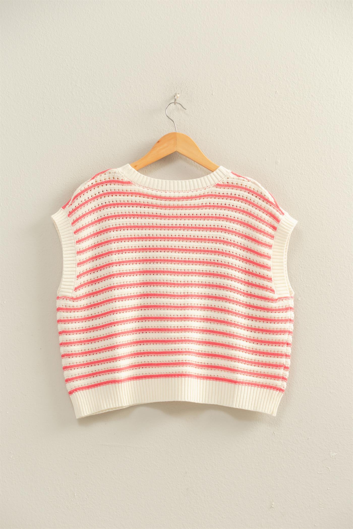 Wholesale Striped Sleeveless Crew Neck Top Sweaters DZ26A222 TAFFY PINK DOUBLE ZERO