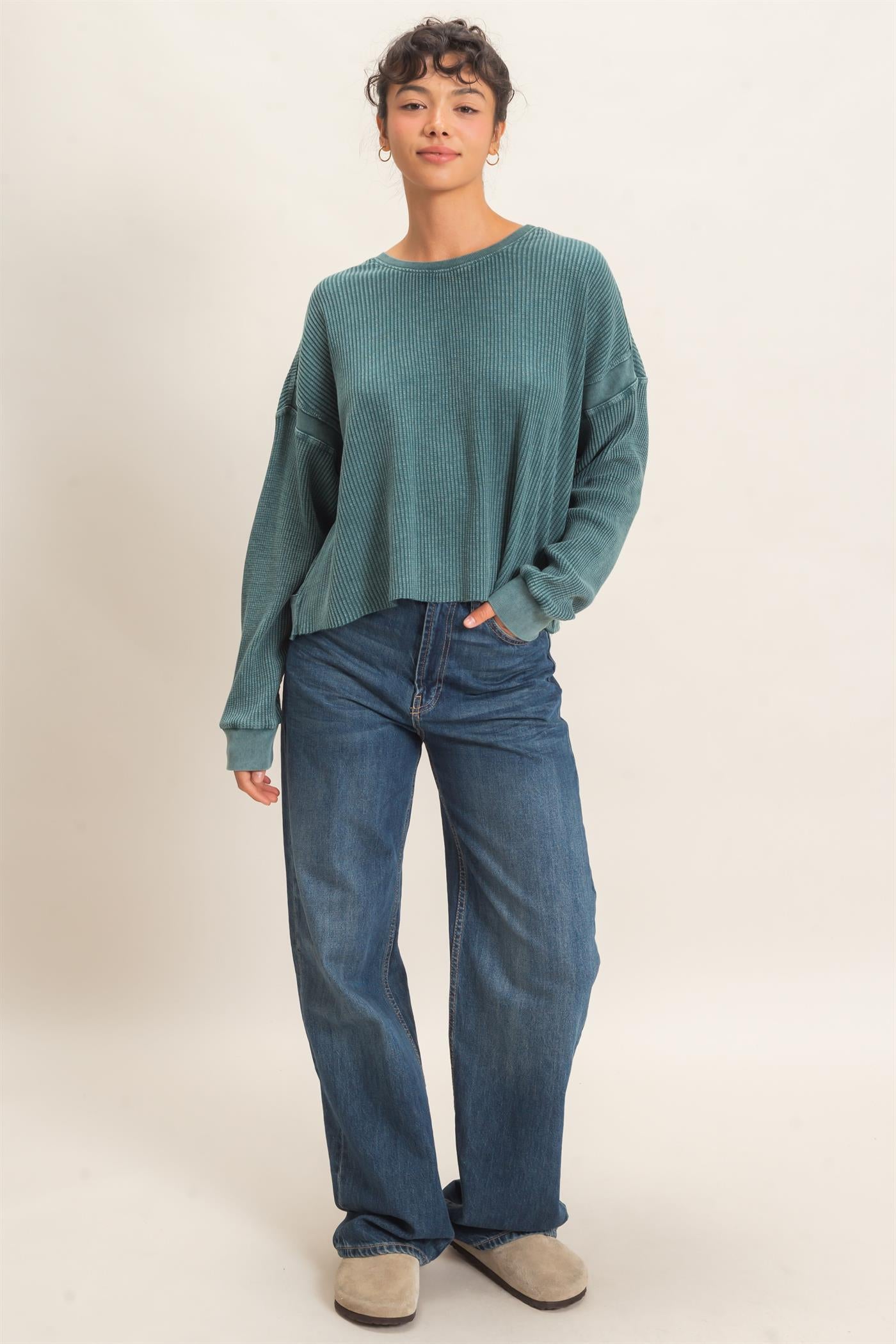 Wholesale Mineral Wash Waffle Open Back Top Clothing Tops DZ26C964 DARK TEAL DOUBLE ZERO