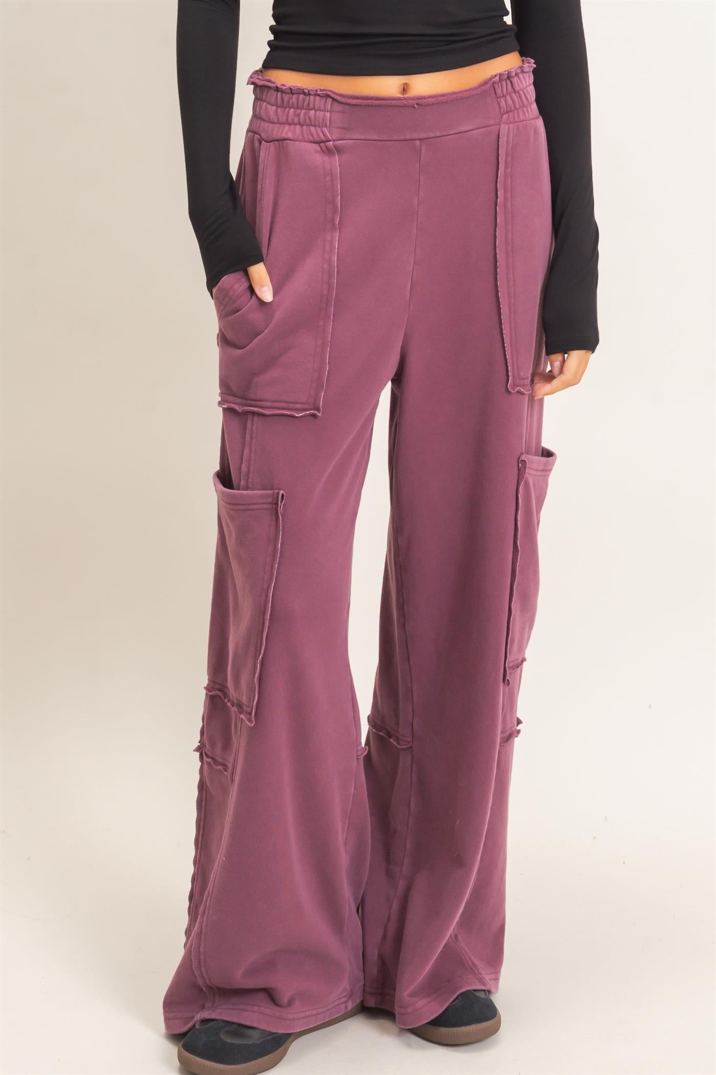 Wholesale Mineral Wash Cargo Pocket Pants Pants DZ26C963 DARK CHERRY DOUBLE ZERO